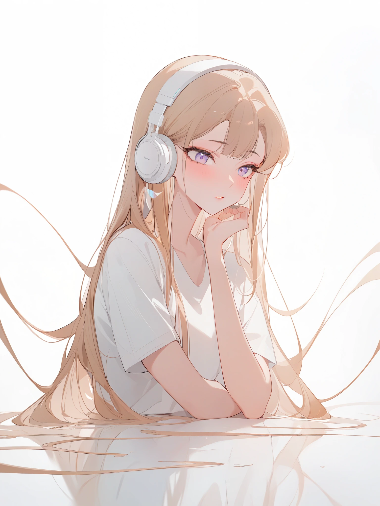 masterpiece,Best quality,(1 Girl:1.2),Liubai,Minimalism,White_background,Abstract,1 Girl,White shirt,Wearing headphones,Long straight hair,With bangs