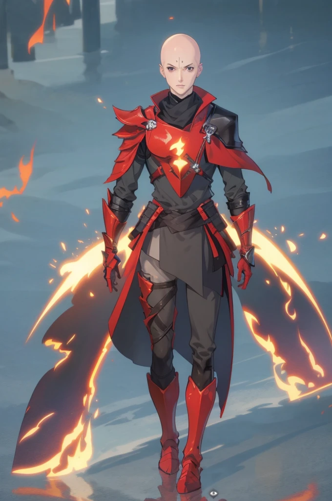 "A bald male superhero with fiery powers, his entire body glowing with a red aura. His skin is deep red, and flames dance around him. He has a distinctive symbol engraved on his forehead, glowing brightly. His eyes burn with intensity as flames flicker from his hands, and his stance radiates strength and power, ready for action in a dynamic pose. The background shows a cityscape, illuminated by the light from the fire surrounding him."
