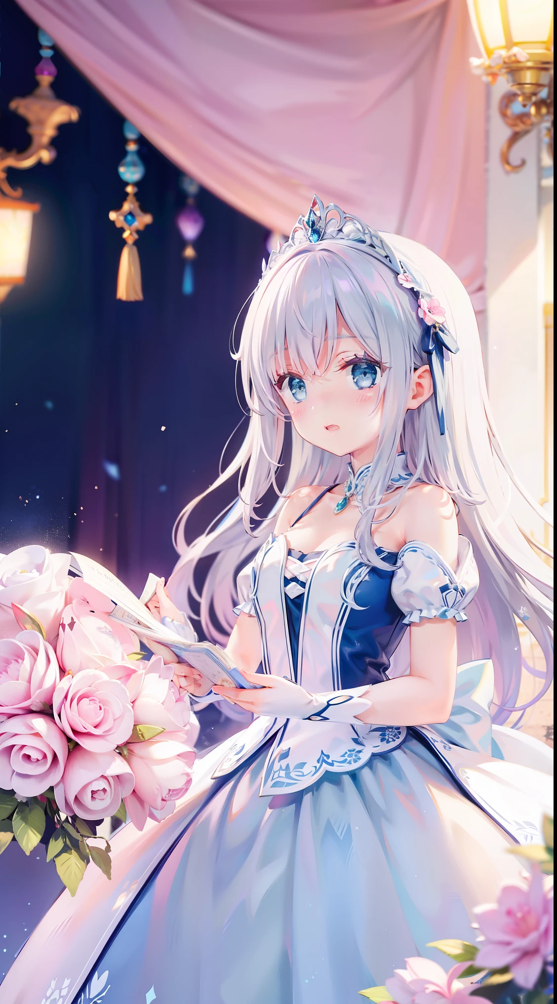 tmasterpiece, 8K, Focus sharp, A high resolution, A princess, beuaty girl, Dream princess dress, Fluffy multi-layered ball gown, , collars, Focus sharp, Intricately detailed clothing design, Colorful, Whimsical, fanciful, magical