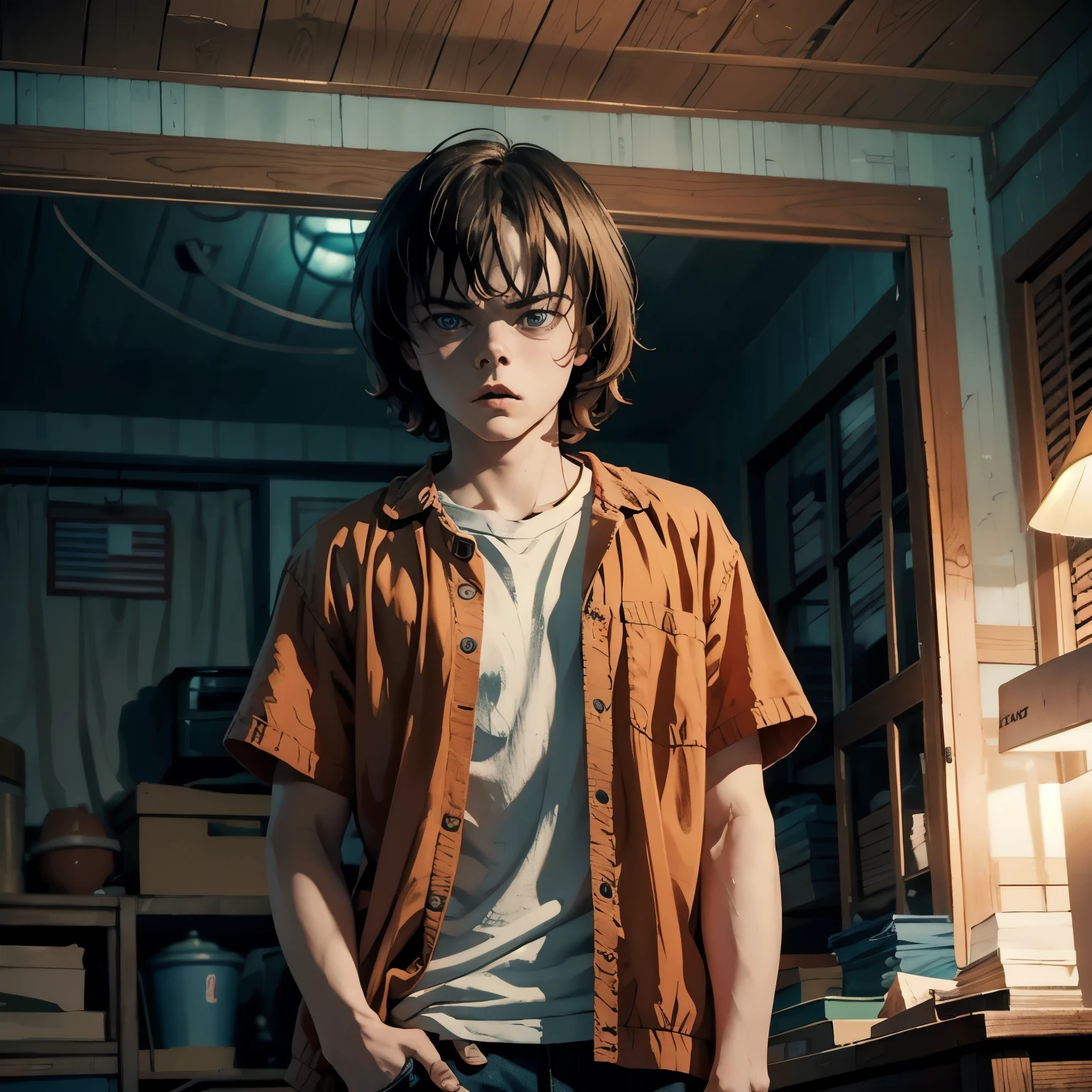 charlie heaton, jonathan byers, stranger things, wearing casual clothes, netflix, in the background there is a cabin, front view
