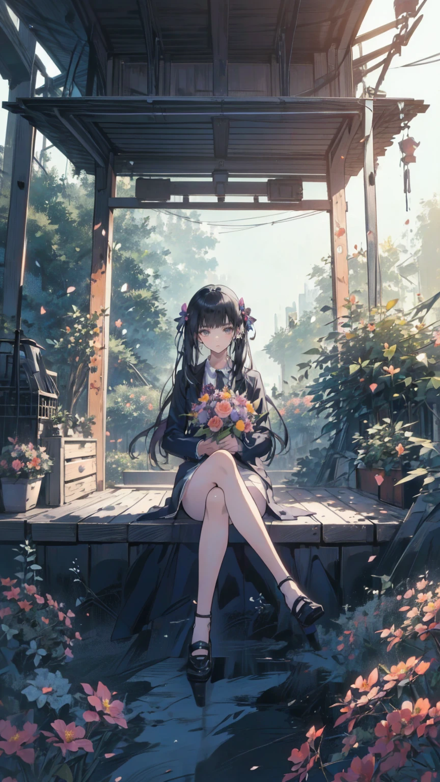 (masterpiece: 1.2), (Very detailed: 1.2), (Very detailed CG: 1.2), (High image quality: 1.2), (最High image quality), 8k, Anime illustration, Girl sitting in a flower field,A butterfly with a slightly sad expression々View、((There&#39;s a butterfly on my finger々))、Butterflies fluttering々dance、Beautiful work