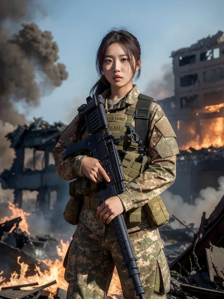 A woman wearing camouflage combat uniform stands among the ruins of war，Hand-held heavy rifle，Background with burning flames and destroyed buildings。Her expression is firm，Demonstrate perseverance and courage。She is well equipped，The whole scene is full of tension and fighting atmosphere，The surroundings are full of broken scenes after the war.。