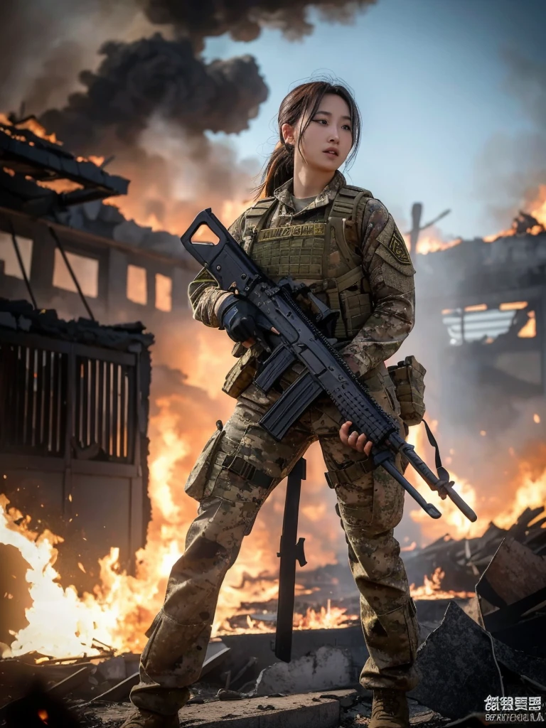 A woman wearing camouflage combat uniform stands among the ruins of war，Hand-held heavy rifle，Background with burning flames and destroyed buildings。Her expression is firm，Demonstrate perseverance and courage。She is well equipped，The whole scene is full of tension and fighting atmosphere，The surroundings are full of broken scenes after the war.。