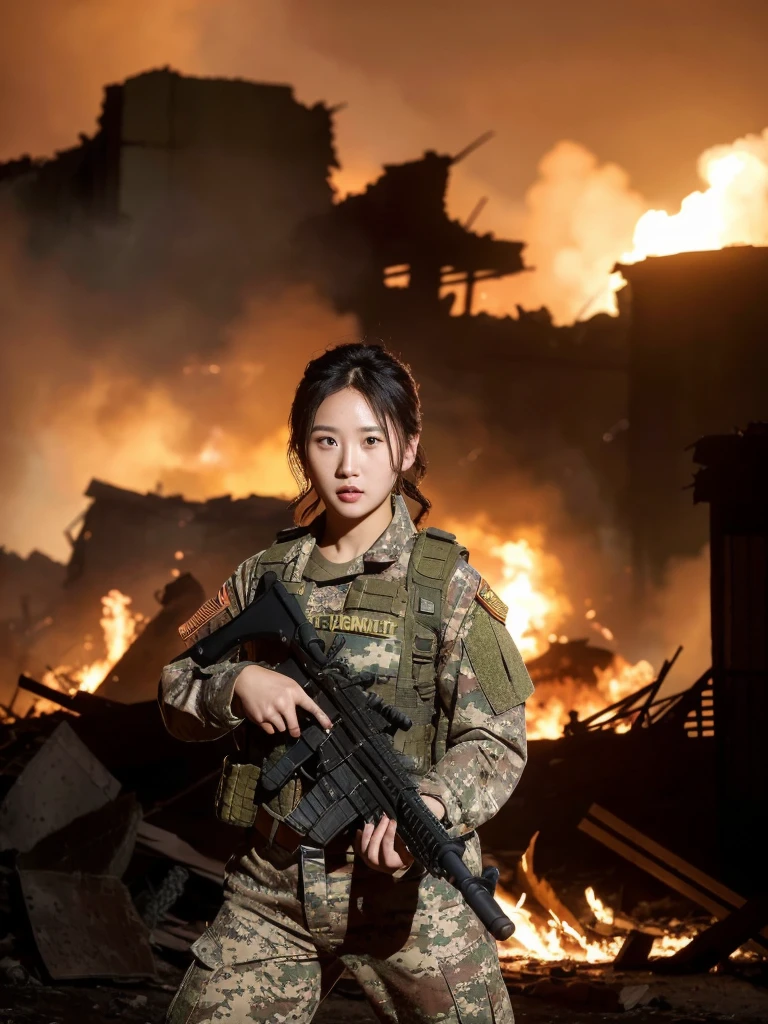 A woman wearing camouflage combat uniform stands among the ruins of war，Hand-held heavy rifle，Background with burning flames and destroyed buildings。Her expression is firm，Demonstrate perseverance and courage。She is well equipped，The whole scene is full of tension and fighting atmosphere，The surroundings are full of broken scenes after the war.。