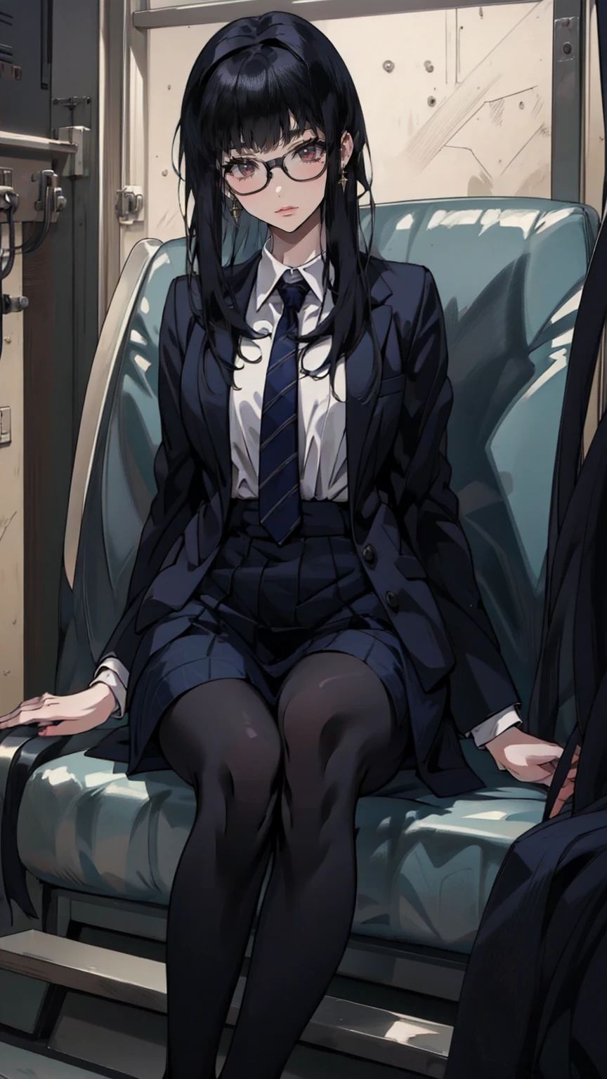 an anime girl with Glasses and a skirt sits on ground and poses, One girl, Alone, skirt, Have, shirt, white shirt, pantyhose, Red eyes, Glasses, Black Hair, shoes, red skirt, Check pattern skirt, View your viewers, Open clothes, Check pattern, collared shirt, , Long sleeve, Mouth closed, Sitting, black pantyhose, indoor, bangs, short hair, Black-rimmed glasses, Brown Jacket, Off the shoulder,Add XL
