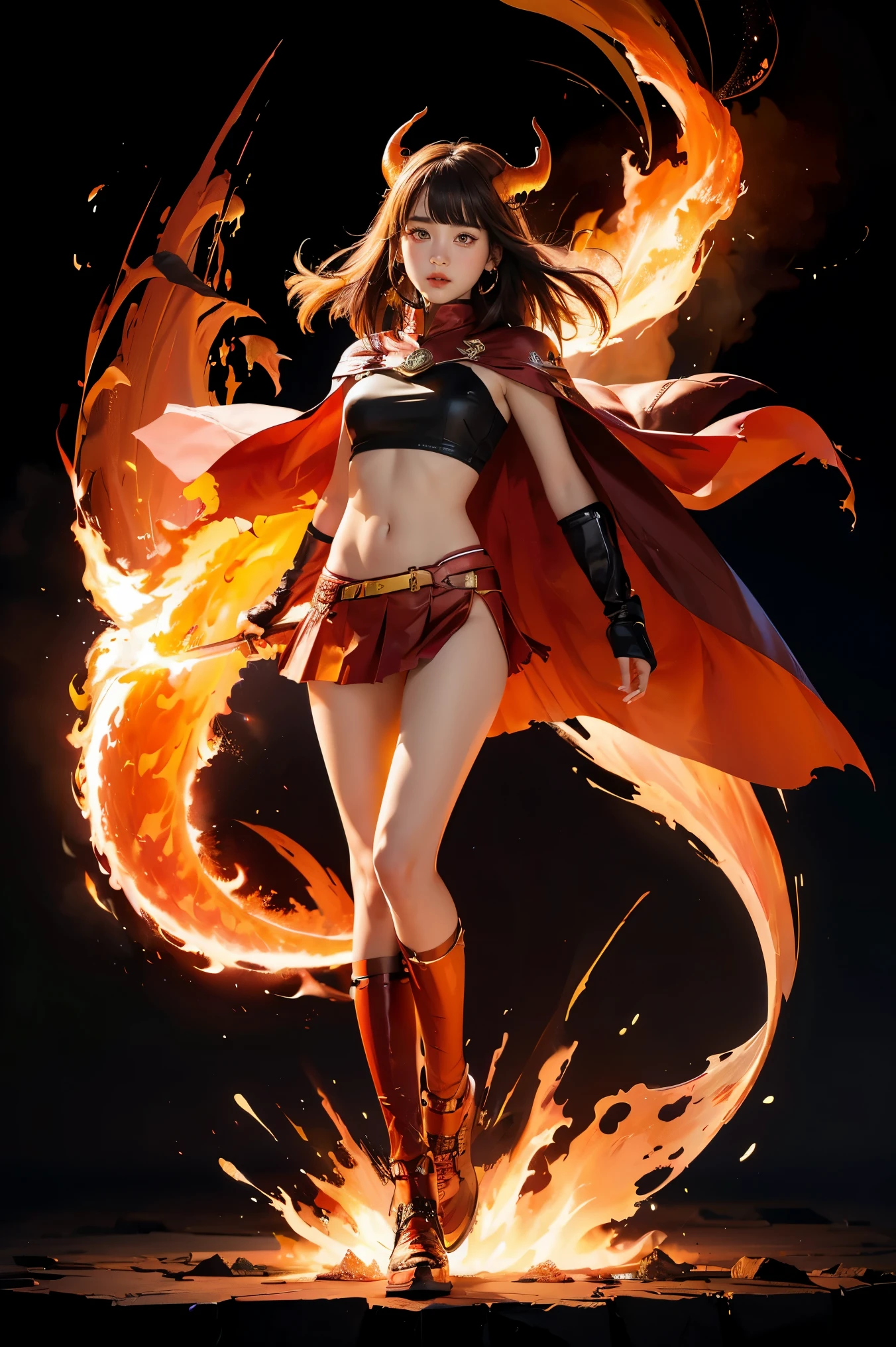 (1girl,solo),full body, gradient_background, ((burning,breathing fire, explosion,fiery tail)), torn clothes,cape,horns,holding_sword, 