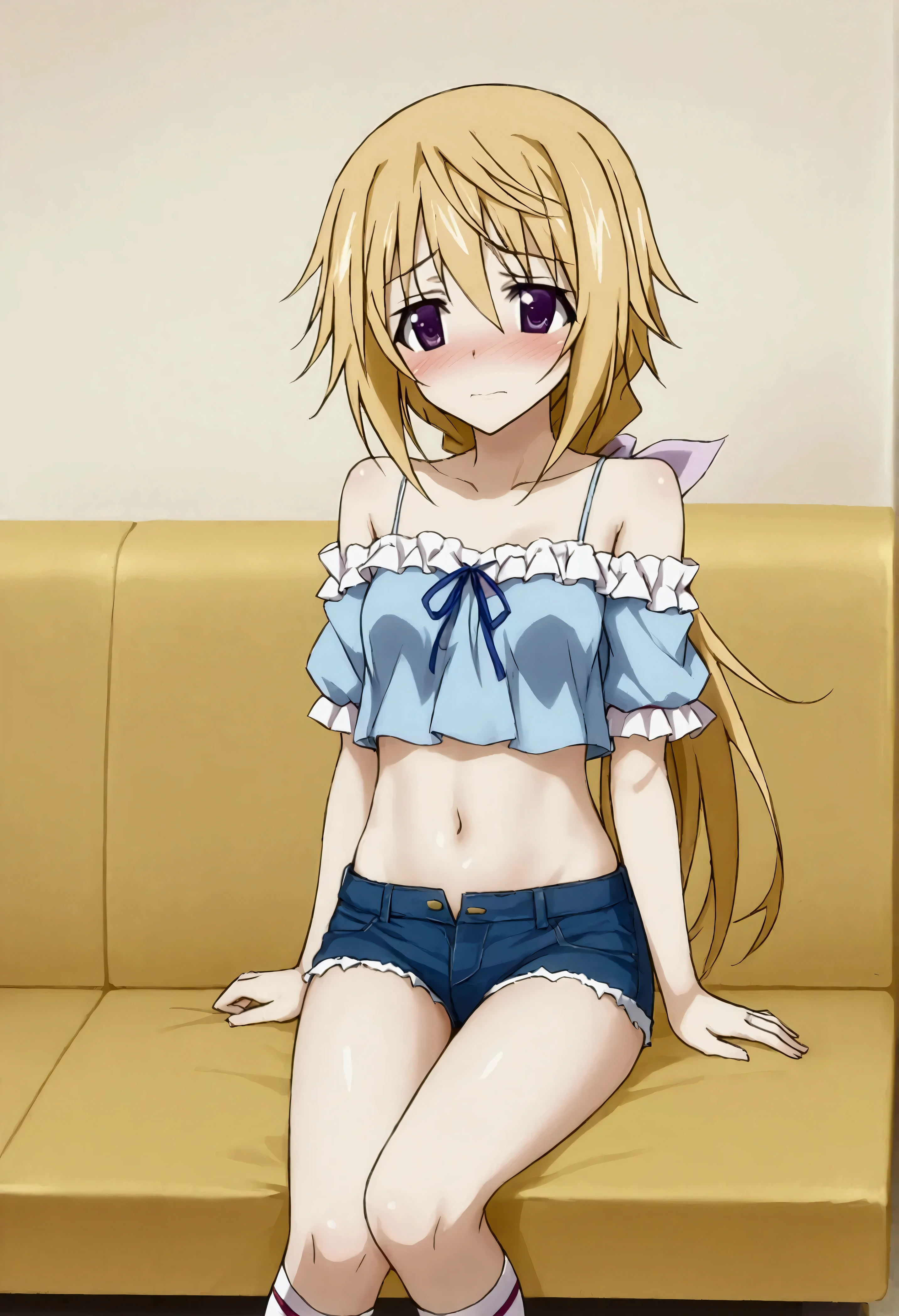 NSFW,masterpiece,Best Quality,High resolution,Very detailed,Charlotte Dunois\(Infinite Stratos\),Long Hair、Blonde Hair、ribbon、Purple Eyes、ponytail、ヘアribbon,Frilled shirt,Off the shoulder,Crop top,Low-rise denim shorts,Knee-high socks,(A patient face),Embarrassed,blush,Inside the train,(To molest),Body touch