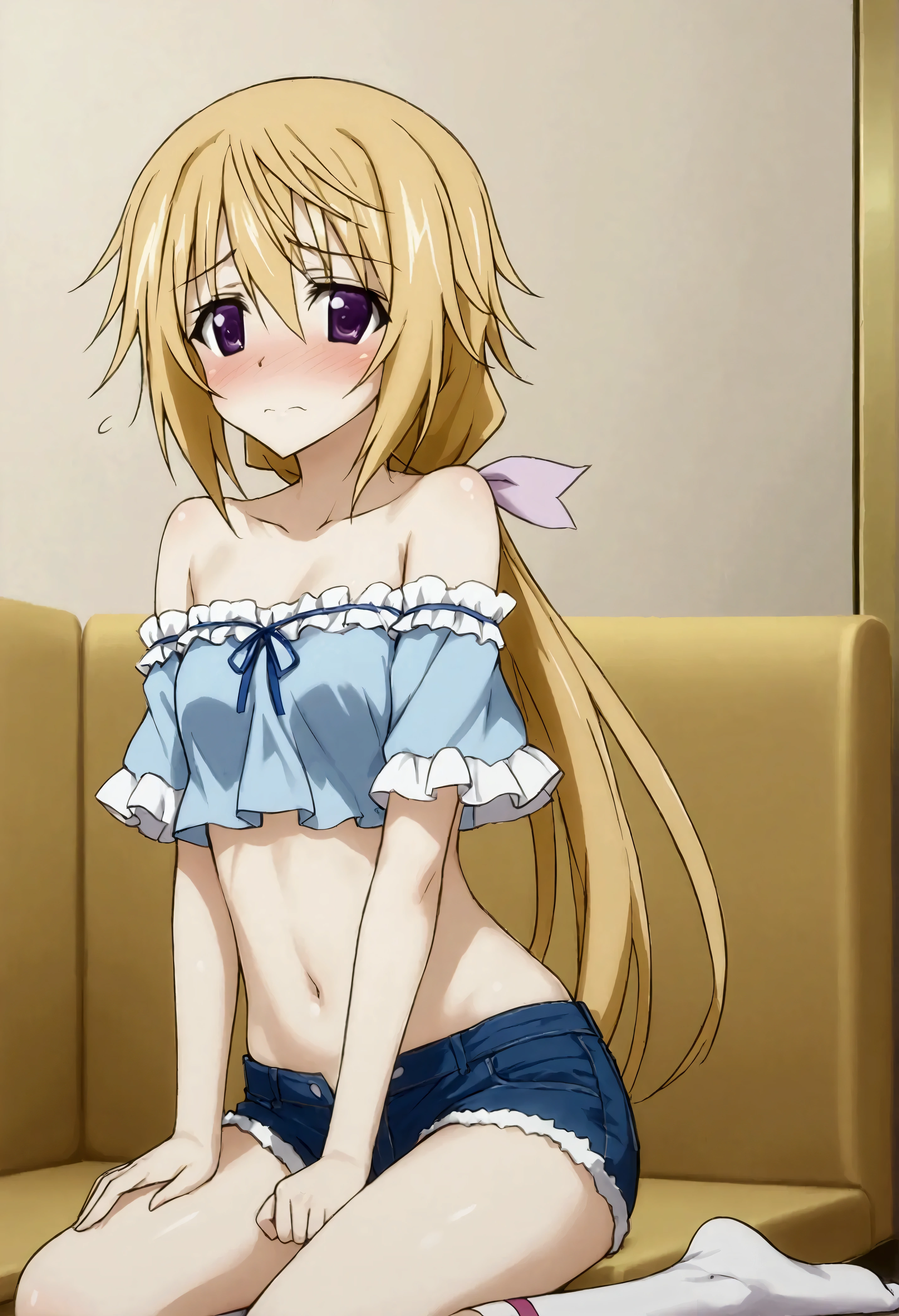 NSFW,masterpiece,Best Quality,High resolution,Very detailed,Charlotte Dunois\(Infinite Stratos\),Long Hair、Blonde Hair、ribbon、Purple Eyes、ponytail、ヘアribbon,Frilled shirt,Off the shoulder,Crop top,Low-rise denim shorts,Knee-high socks,(A patient face),Embarrassed,blush,Inside the train,(To molest),Body touch