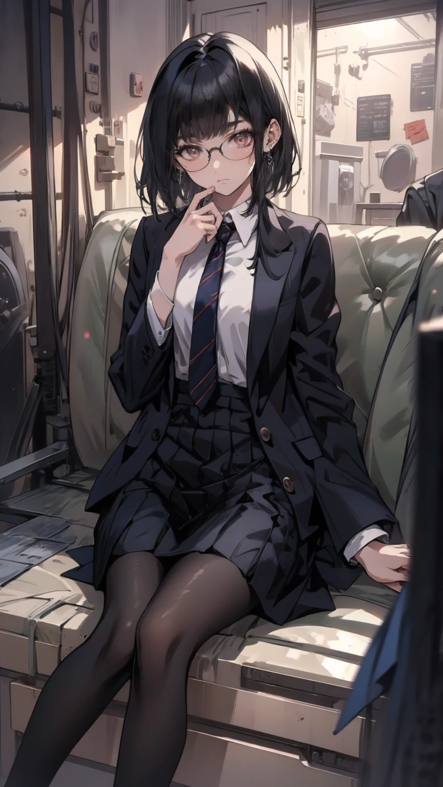 an anime girl with Glasses and a skirt sits on ground and poses, One girl, Alone, skirt, Have, shirt, white shirt, pantyhose, Red eyes, Glasses, Black Hair, shoes, red skirt, Check pattern skirt, View your viewers, Open clothes, Check pattern, collared shirt, , Long sleeve, Mouth closed, Sitting, black pantyhose, indoor, bangs, short hair, Black-rimmed glasses, Brown Jacket, Off the shoulder,Add XL
