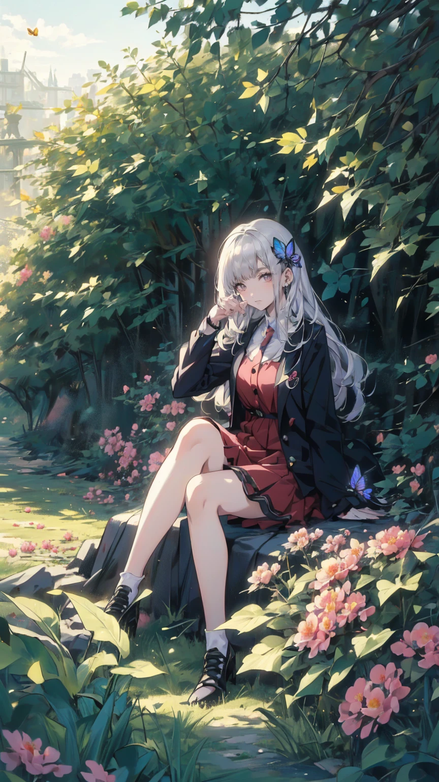 (masterpiece: 1.2), (Very detailed: 1.2), (Very detailed CG: 1.2), (High image quality: 1.2), (最High image quality), 8k, Anime illustration, Girl sitting in a flower field,A butterfly with a slightly sad expression々View、((There&#39;s a butterfly on my finger々))、Butterflies fluttering々dance、Beautiful work