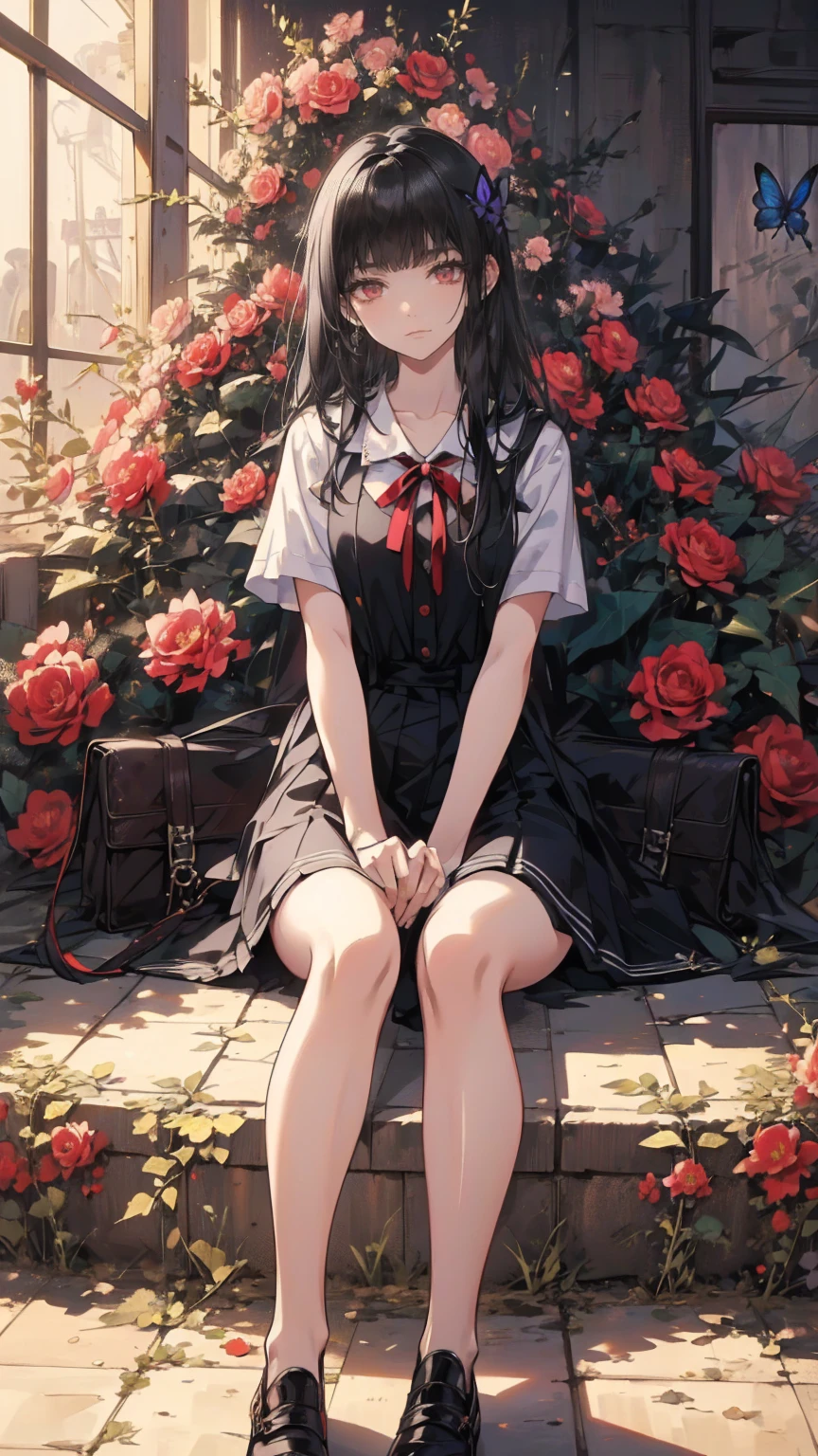 (masterpiece: 1.2), (Very detailed: 1.2), (Very detailed CG: 1.2), (High image quality: 1.2), (最High image quality), 8k, Anime illustration, Girl sitting in a flower field,A butterfly with a slightly sad expression々View、((There&#39;s a butterfly on my finger々))、Butterflies fluttering々dance、Beautiful work