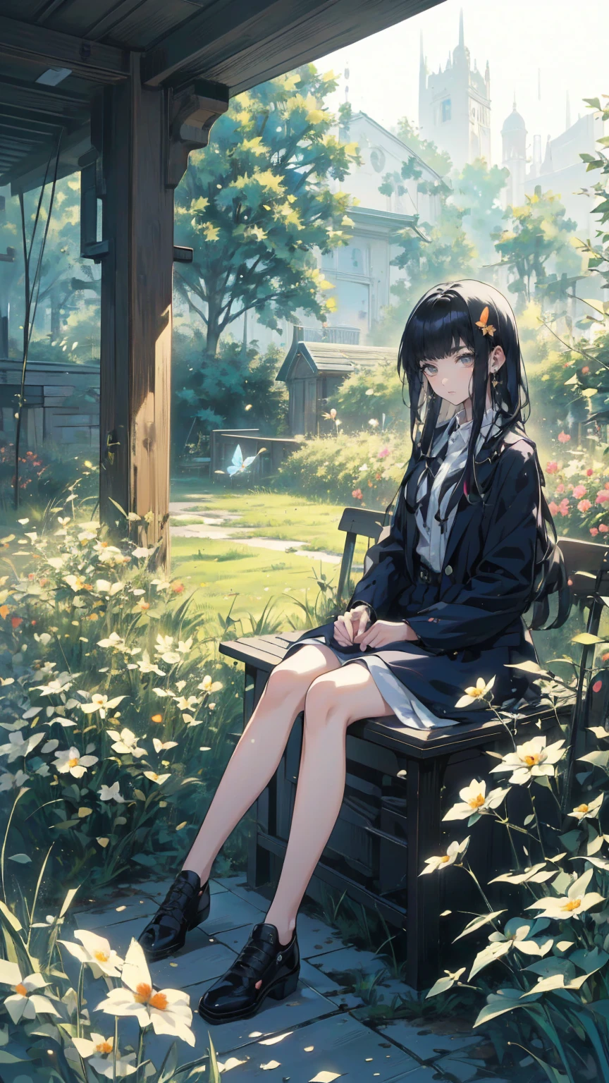 (masterpiece: 1.2), (Very detailed: 1.2), (Very detailed CG: 1.2), (High image quality: 1.2), (最High image quality), 8k, Anime illustration, Girl sitting in a flower field,A butterfly with a slightly sad expression々View、((There&#39;s a butterfly on my finger々))、Butterflies fluttering々dance、Beautiful work