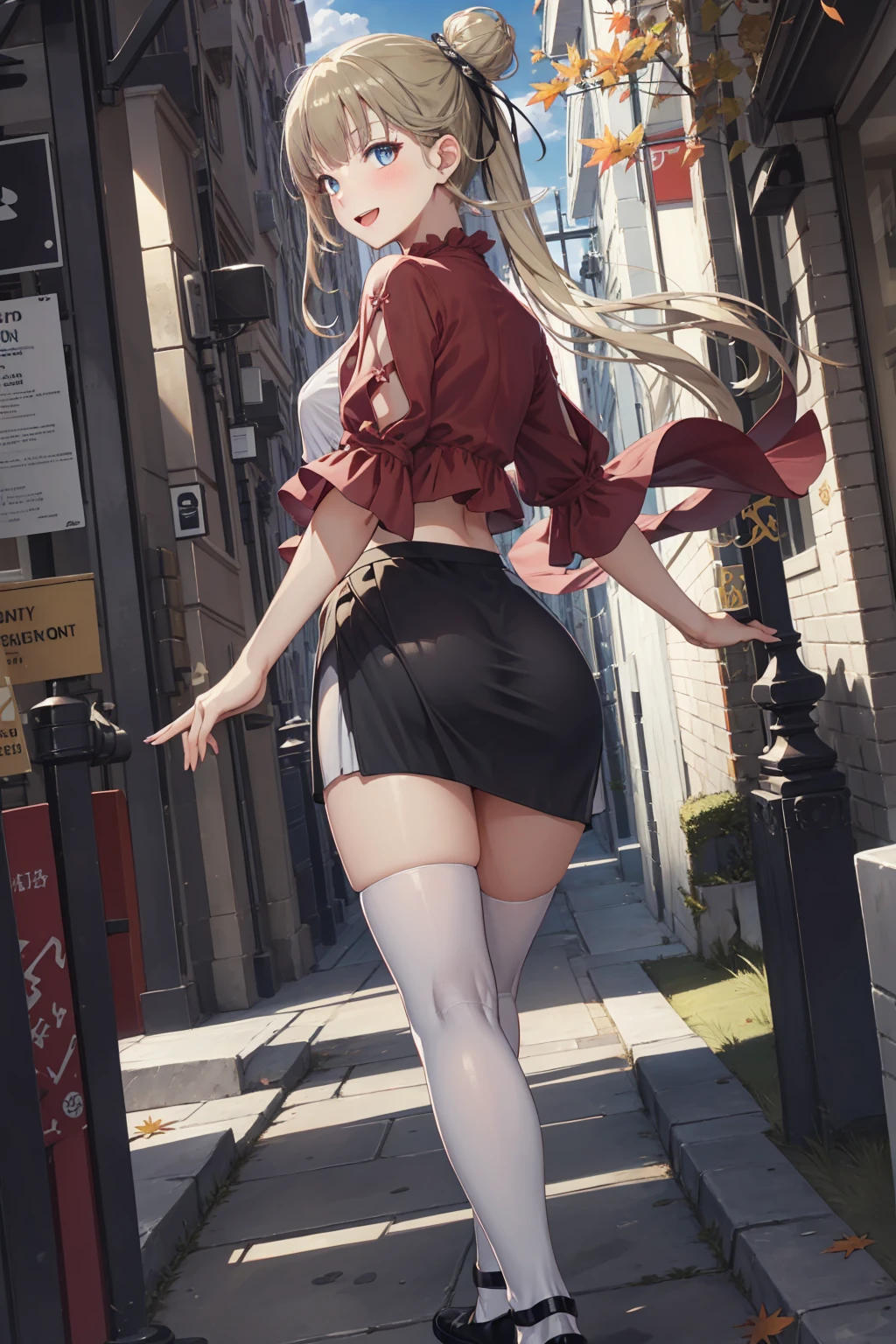 Portrait, official art, best masterpiece, best quality, best resolution, 8K, best detailed, perfect anatomy, (From below, From behind), look back, motion blur, drop shadow, dutch angle
BREAK
Hanabusa Lisa, very long hair, twintails, blue eyes, dynamic pose, , skirt, shirt, ribbon, hair ribbon, frills, miniskirt, hair bun, crop top, double bun, black ribbon, white skirt, single thighhigh
BREAK
Beautiful and glamorous body in the ultimate form, lustrous skin, firm butt, Curvaceous legs, Perfectly shaped beautifully fingers, Beautiful and delicate eyes with intricate detailss, long eyelashes, Glittering hair with silky texture, small pretty nose, Glossy lips
BREAK
good smile, (blush), open mouth
BREAK
cowboy shot, (walking), looking at camera
BREAK
Clear autumn sky, Beautiful autumn colors, beautiful autumn leaves, Street trees, sidewalks,Highly detailed CG unified 8k wallpaper, extremely detailed CG unity 8k wallpaper