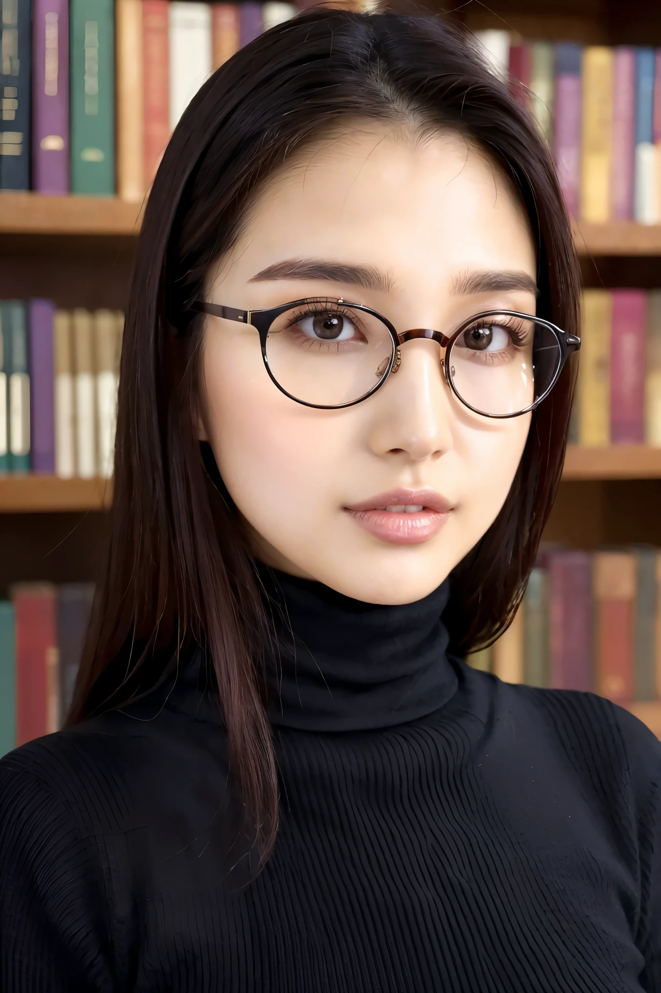 (Best Quality、Tabletop、8k、Award-winning works、Ultra-high resolution、Best Quality)、One beautiful woman、(The perfect black knit turtleneck sweater:1.3)、(Large Breasts:1.2)、(Elegant round glasses:1.2)、library、(Standing Elegantly:1.1)、(Strongly blurred background:1.1)、Stand next to a bookshelf、(Perfectly organized bookshelf:1.1)、Background Bookshelf、A cozy library、lipstick、Long eyelashes、Perfect Makeup、、Soft and warm lighting、Detailed bookshelf、(Ultra-high resolutionの正確な美しい髪:1.1)、(Accurate anatomy:1.2)、Ultra-high definition beautiful eyes、(Super bright and radiant skin:1.1)、(Face close-up:1.1)、(Expressionless:1.2)、Show me your amount、(nose:1.2)