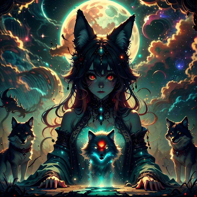 a ghostly woman with glowing red eyes, long fiery fur, and a wolf-like appearance, surrounded by a swarm of flying ghost line art and undead creatures, set against a night sky with a full red moon and wispy cloudy clouds, (best quality,4k,8k,highres,masterpiece:1.2),ultra-detailed,(realistic,photorealistic,photo-realistic:1.37),fantasy,night,red full moon,cloudy clouds,wolf woman,fiery fur,flying ghost line art,undead,ghosts