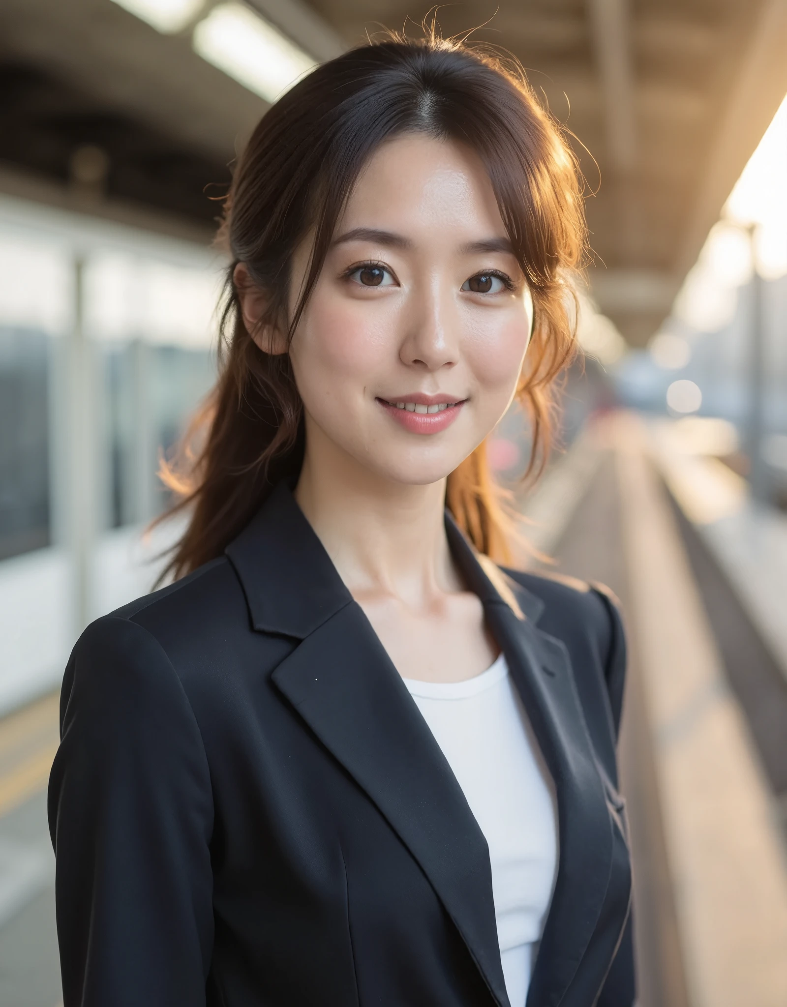 Tabletop,Highest quality,Realistic,Very detailed,finely,High resolution,8k wallpaper,Cinema Lighting、1 person、Beautiful Japanese Women、30 years old、light brown hair ,((ponytail)),Wear a business suit,(Blurred Background、Station platform、noon、Light of the sun)、Sharp focus,Perfect dynamic composition,Narrow eyes:1.5,finely beautiful eyes,Thin Hair,Detailed and Realistic skin texture,(Smile:1.3),(Tilt your head),Close-up portrait,Model body type fashion photography,with (hime cut hair) white crop top,dressed in white crop top,grey shorts,white sneakers,text on top,realism  smiling  