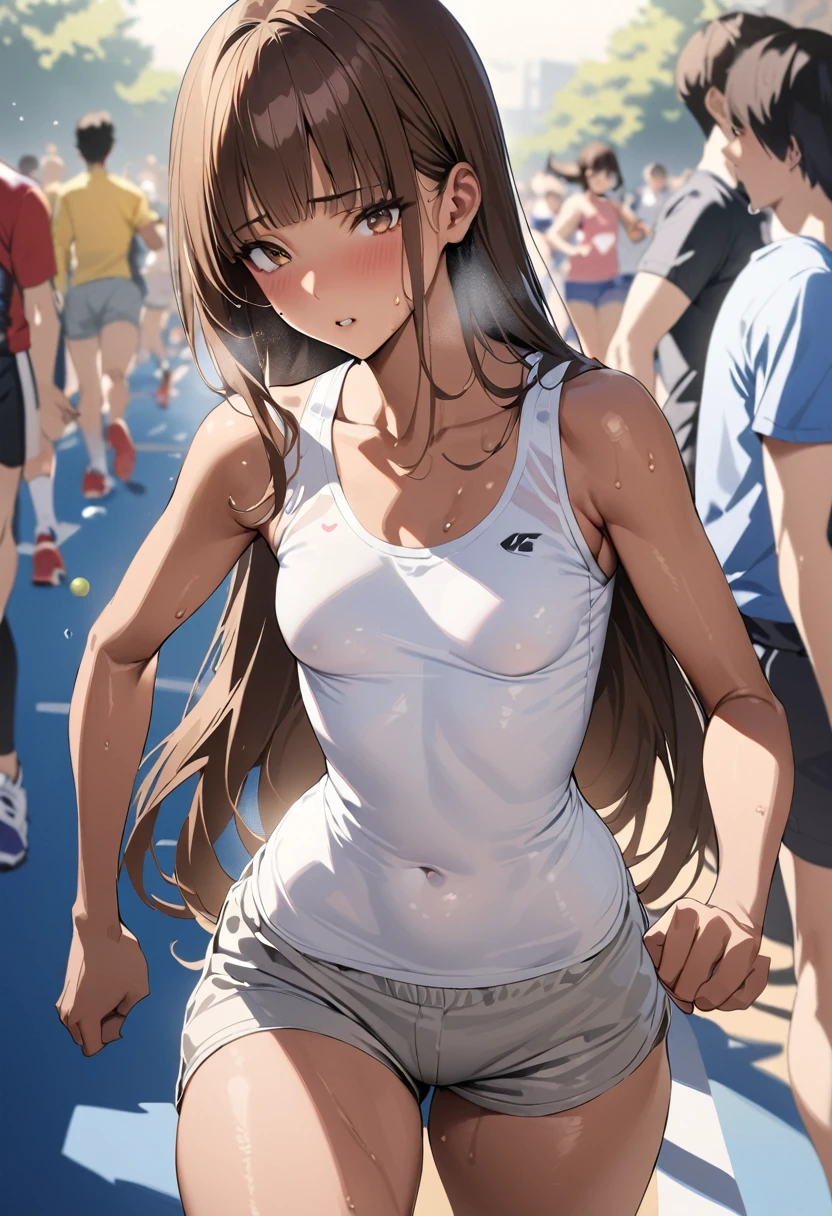 ((masterpiece,best quality anime,Highest quality:1.3)),realistic,cowboy shot,20 year old beauty,solo,1woman,((very small head:1.3)),((very long body:1.2)),ideal ratio body proportions,tan skin,brown hair,bangs,straight long hair,gorgeous eyes,brown eyes,Heavy breathing、White tank top、Light grey cotton shorts,((slender body,skinny,toned body)),sweat:1.3,small breasts,gleaming skin,(running:1.3)、During training、Running course、playground、Tokyo、