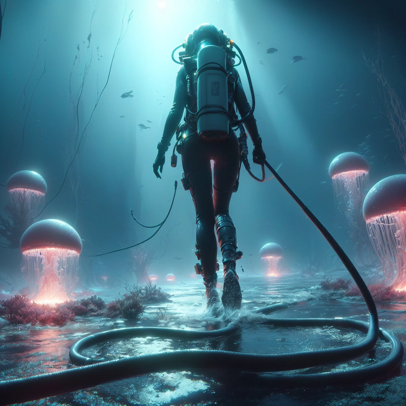 infrared concept art by craig mullins astronaut holds a black hole in his hands in futuristic dark and empty spaceship underwater. complex and hyperdetailed technical suit. mandelbulb fractal. reflection and dispersion materials. rays and dispersion of light. volumetric light. 5 0 mm, f / 3 2. noise film photo. flash photography. octane render. interstellar movie art,