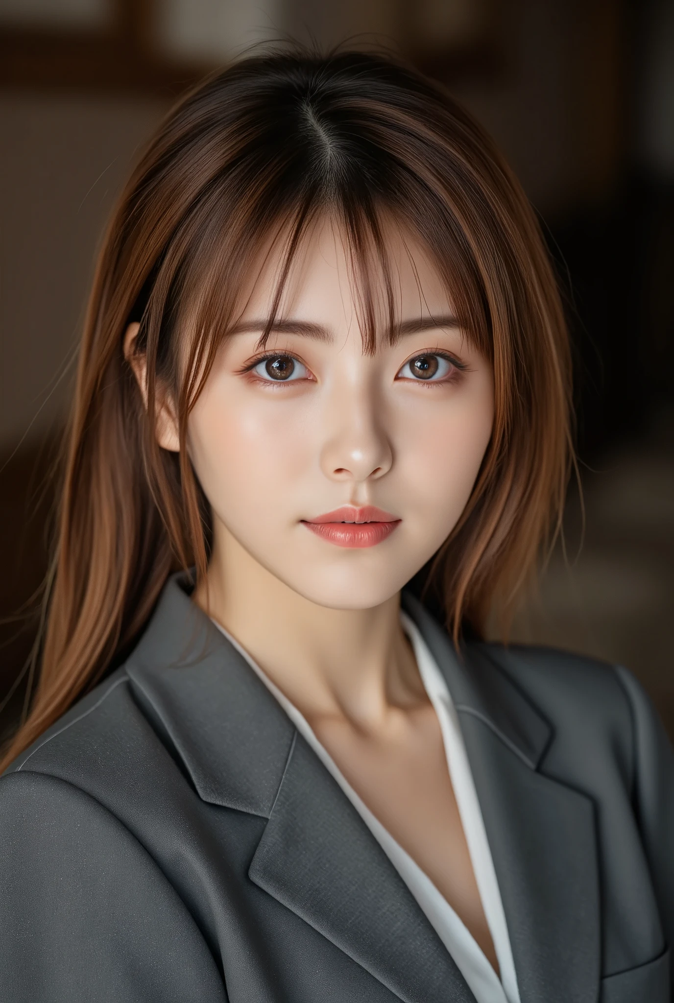 on the table, best quality, actual, super detailed, finely, high resolution, 8k wallpaper, 1 beautiful woman,, light brown messy hair, wearing a suit, sharp focus, Perfect dynamic composition, finely beautiful eyes,thinning hair, Detailed and actual skin texture, Smile, closeup portrait, model figure