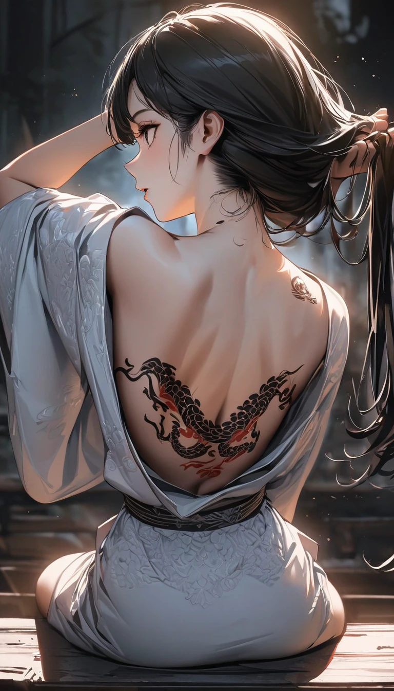 a black and white photo of a woman with a snake tattoo on her back, snake woman, dark queen of snakes, katanas strapped to her back, inspired by Kanō Hōgai, scales covering her chest, takato yomamoto, scales on her chest, holding a sword on her shoulder, anime woman fullbody art, queen of snakes