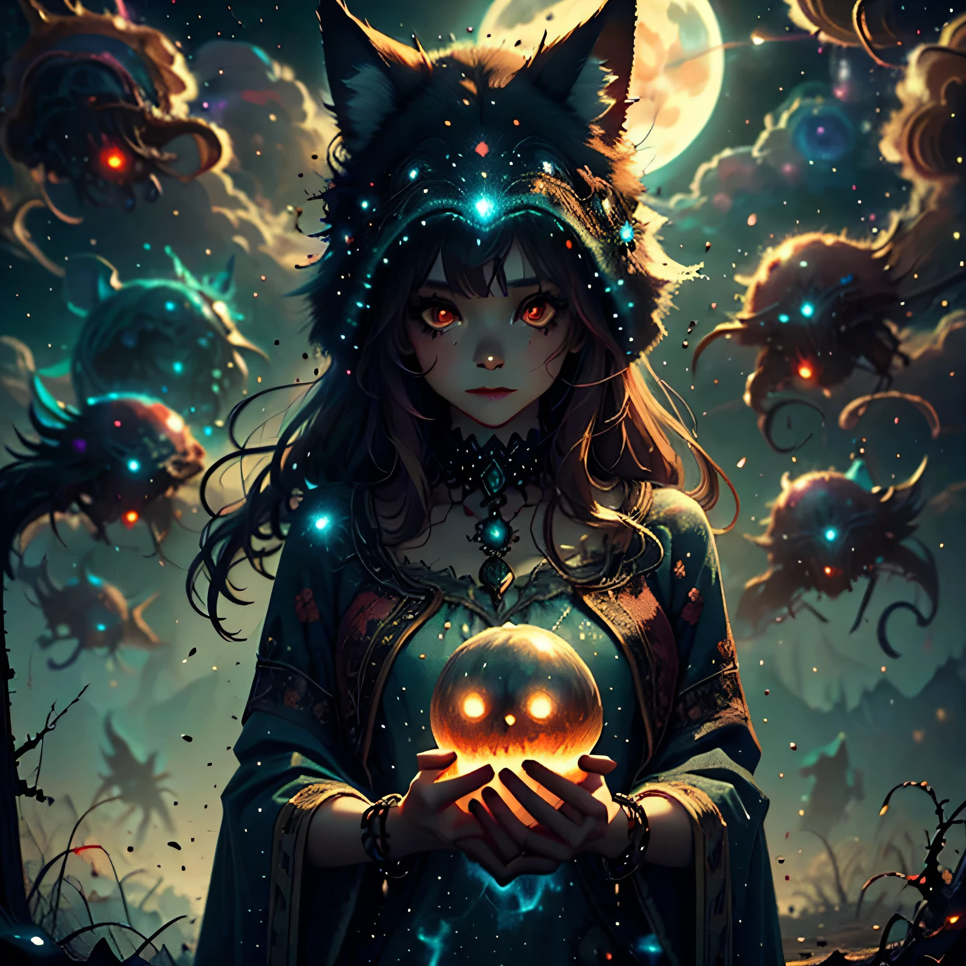 a ghostly woman with glowing red eyes, long fiery fur, and a wolf-like appearance, surrounded by a swarm of flying ghost line art and undead creatures, set against a night sky with a full red moon and wispy cloudy clouds, (best quality,4k,8k,highres,masterpiece:1.2),ultra-detailed,(realistic,photorealistic,photo-realistic:1.37),fantasy,night,red full moon,cloudy clouds,wolf woman,fiery fur,flying ghost line art,undead,ghosts