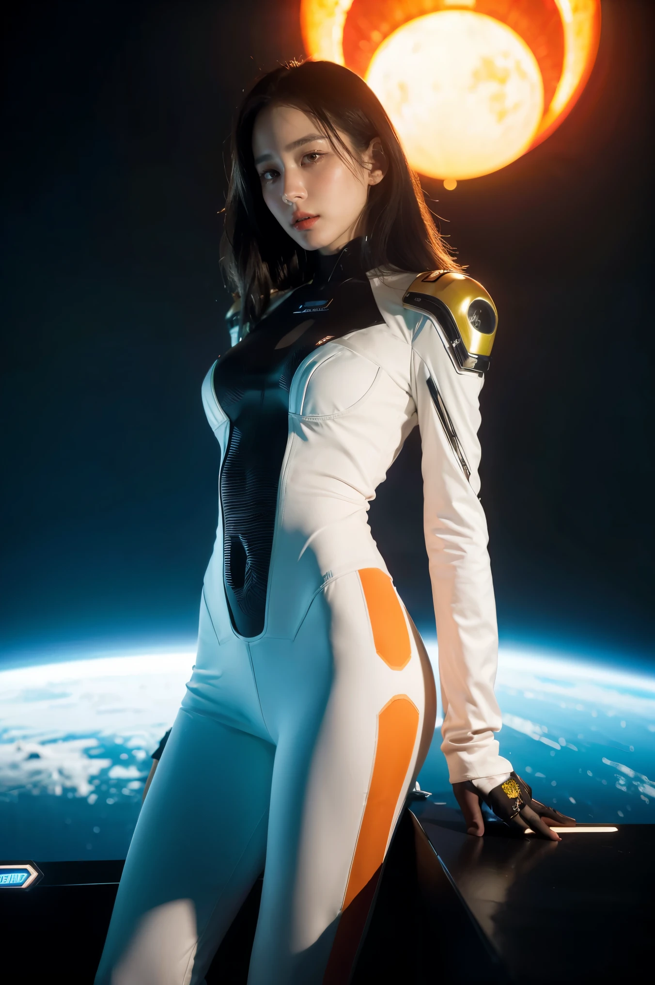 a woman in a futuristic suit with a spaceship in the background, movie art, in front of an orange background, inspired by Robert McGinnis, female protagonist, megastructure in the background, portrait of an AI astronaut, astronauts, an astronaut, portrait of a astronaut Skeletor, perfect android girl, ((Marvel's Fantastic Four suit)), (Retro Futuristic theme:1.3), blue and white suit, black gloves,