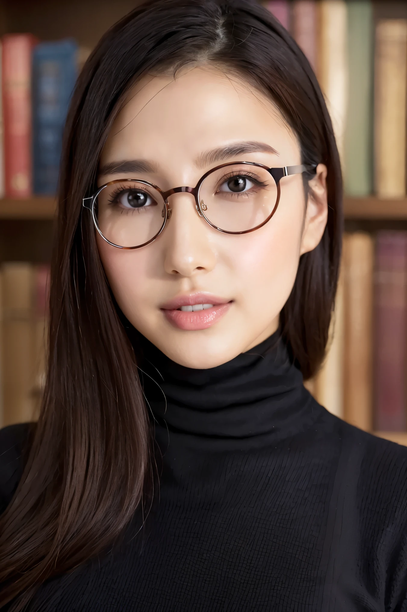 (Best Quality、Tabletop、8k、Award-winning works、Ultra-high resolution、Best Quality)、One beautiful woman、(The perfect black knit turtleneck sweater:1.3)、(Elegant round glasses:1.2)、library、(Standing Elegantly:1.1)、(Strongly blurred background:1.1)、Stand next to a bookshelf、(Perfectly organized bookshelf:1.1)、Background Bookshelf、A cozy library、lipstick、Long eyelashes、Perfect Makeup、、Soft and warm lighting、Detailed bookshelf、(Ultra-high resolutionの正確な美しい髪:1.1)、(Accurate anatomy:1.2)、Ultra-high definition beautiful eyes、(Super bright and radiant skin:1.1)、(Face close-up:1.1)、(Expressionless:1.2)、Show me your amount、(nose:1.2)