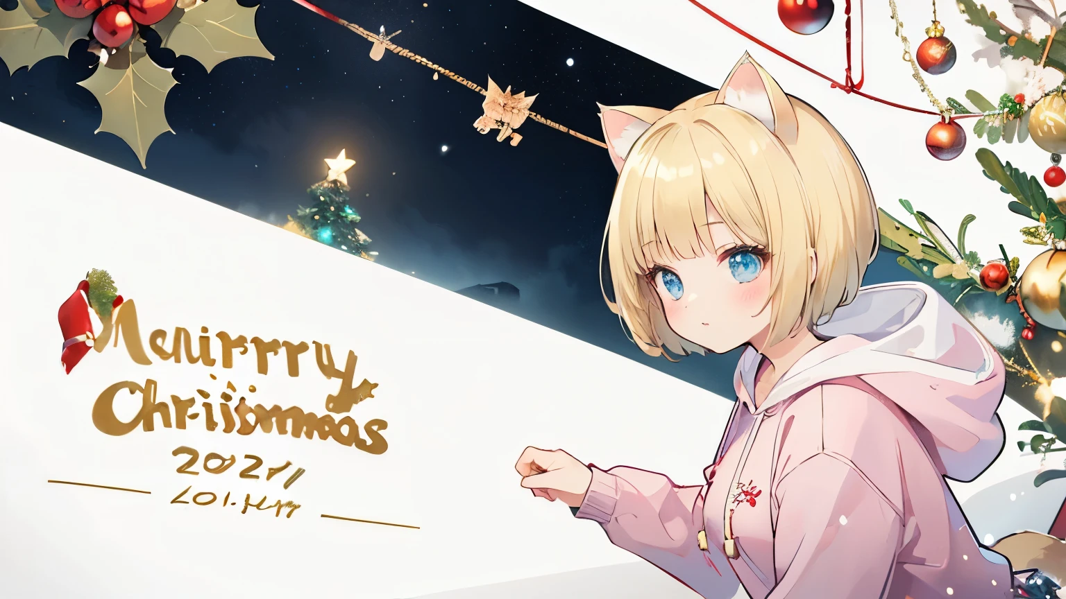  from a distance, (distant view:1.8), (dynamic angle:1.8), dynamic pose, Blonde hair, (Graduation short hair:1.6), a girl in a pink hoodie, Christmas art style, Christmas theme, Christmas celebration, Christmas atmosphere, Christmas scene, Christmas night, detailed art in color, , Christmas wallpaper with reindeer, large view, kawacy, holy night, maplestory, short hair, bright blue eyes, big white hair ornament, (Blonde cat ears:1.6), pink hoodie, denim shorts, black sneakers,