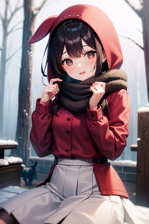 One girl, black hair, long hair, brown eyes, beautiful, attractive, skinny, madium gas mask, red gas mask, white shirt, red large skirt, red hoodie, hood on, white large boots, winter, forest, snow, white skin