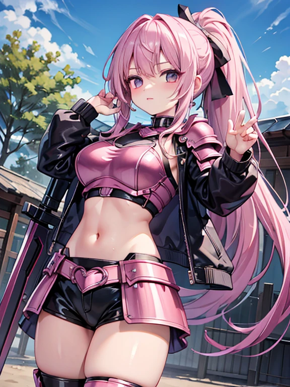 Swimsuit Bra Leather Jacket Girl Best Quality Smile Masterpiece Long Hair Twin Tails Pink Hair