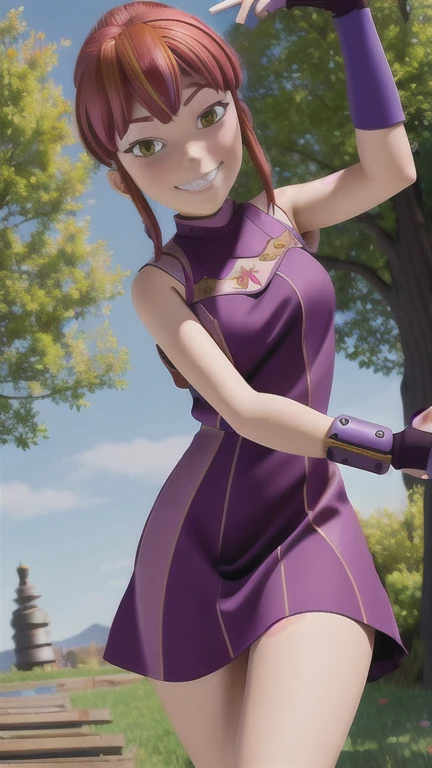 (masterpiece, best quality:1.2), 1girl, solo, light reddish hair, (tied up hair), (short hair), hazel eyes, gloves, closed mouth, smile, grin, dark purple nails, sleevess dress, (dark purple sleevess dress:1.3), bracer, (pink bracer:1.3), (cowboy shot:1.3), looking at viewer, outdoors, park, trees,