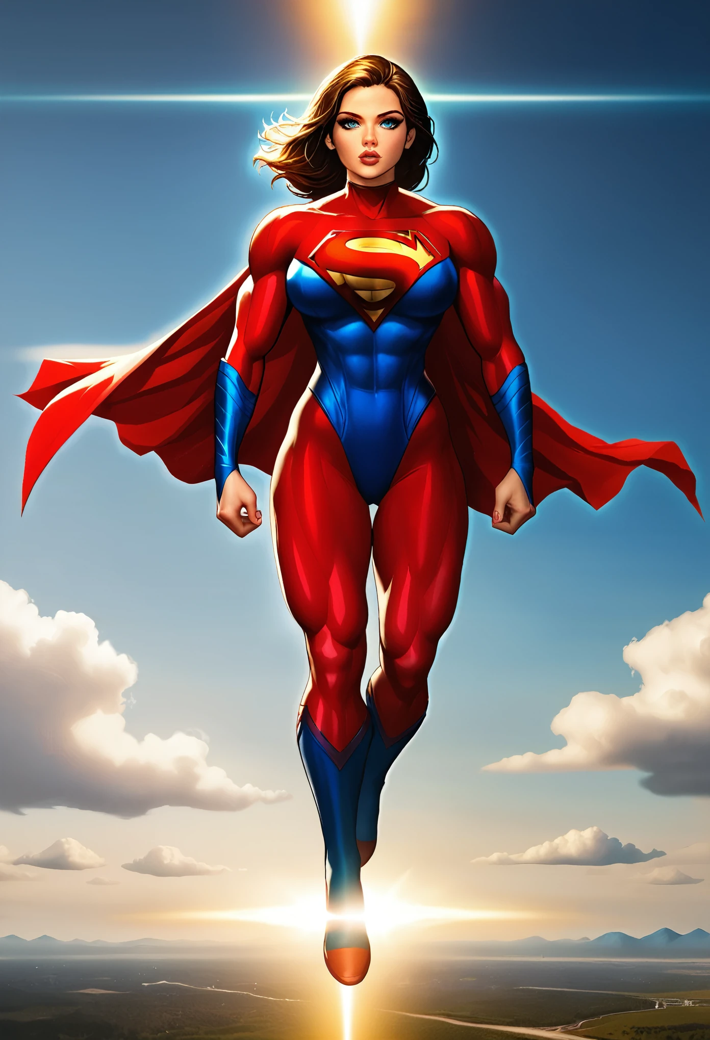 a female version of superman, superhero, beautiful detailed eyes, beautiful detailed lips, extremely detailed face and skin, long eyelashes, muscular athletic body, flying in the sky, cape billowing in the wind, glowing energy aura, radiant skin, dramatic lighting, cinematic composition, vibrant colors, digital art, concept art, hyper detailed, award winning