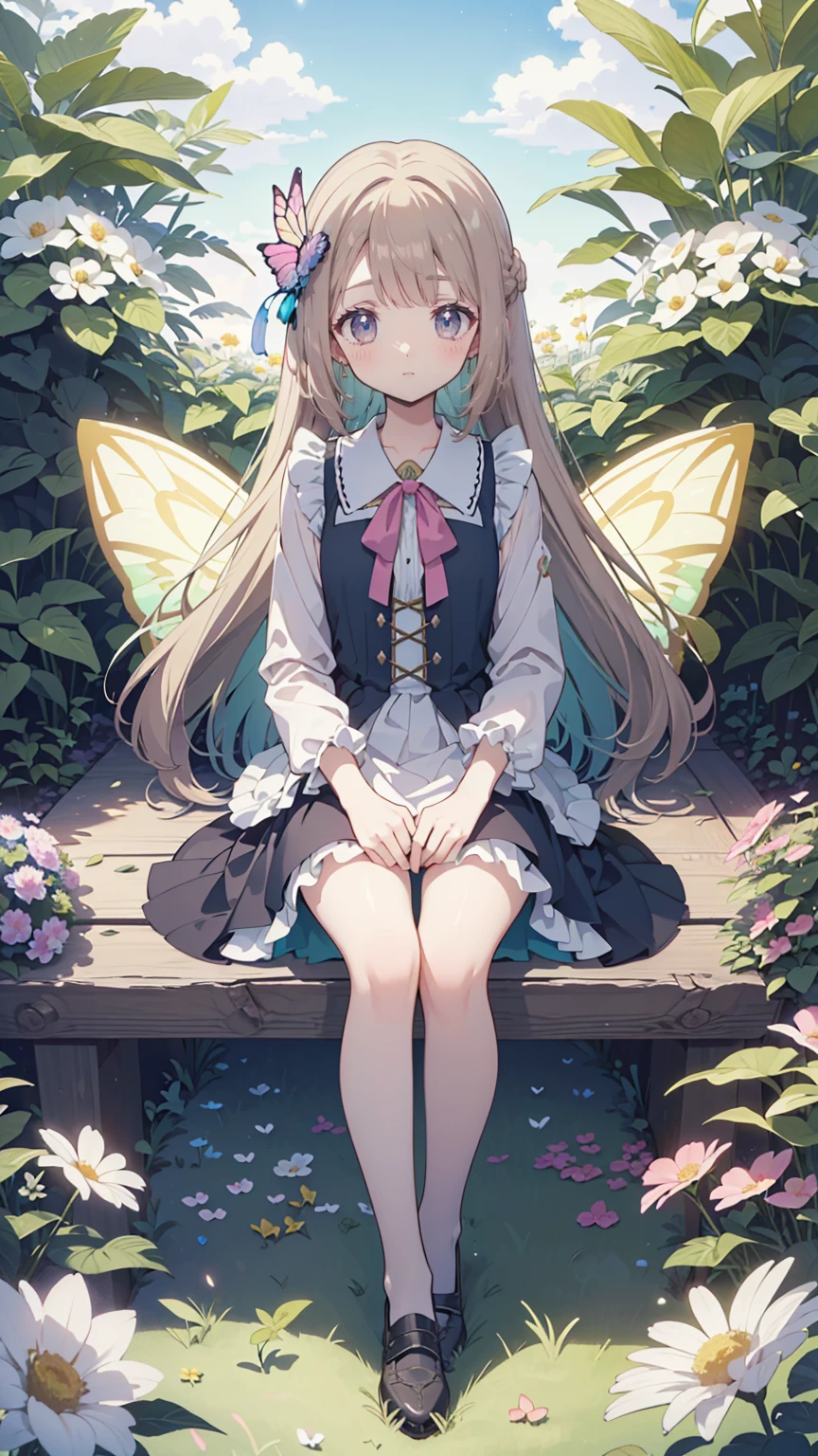 (masterpiece: 1.2), (Very detailed: 1.2), (Very detailed CG: 1.2), (High image quality: 1.2), (最High image quality), 8k, Anime illustration, Girl sitting in a flower field,A butterfly with a slightly sad expression々View、((There&#39;s a butterfly on my finger々))、Butterflies fluttering々dance、Beautiful work
