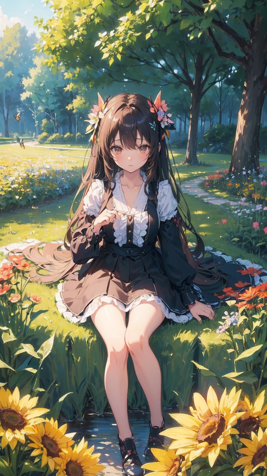 (masterpiece: 1.2), (Very detailed: 1.2), (Very detailed CG: 1.2), (High image quality: 1.2), (最High image quality), 8k, Anime illustration, Girl sitting in a flower field,A butterfly with a slightly sad expression々View、((There&#39;s a butterfly on my finger々))、Butterflies fluttering々dance、Beautiful work
