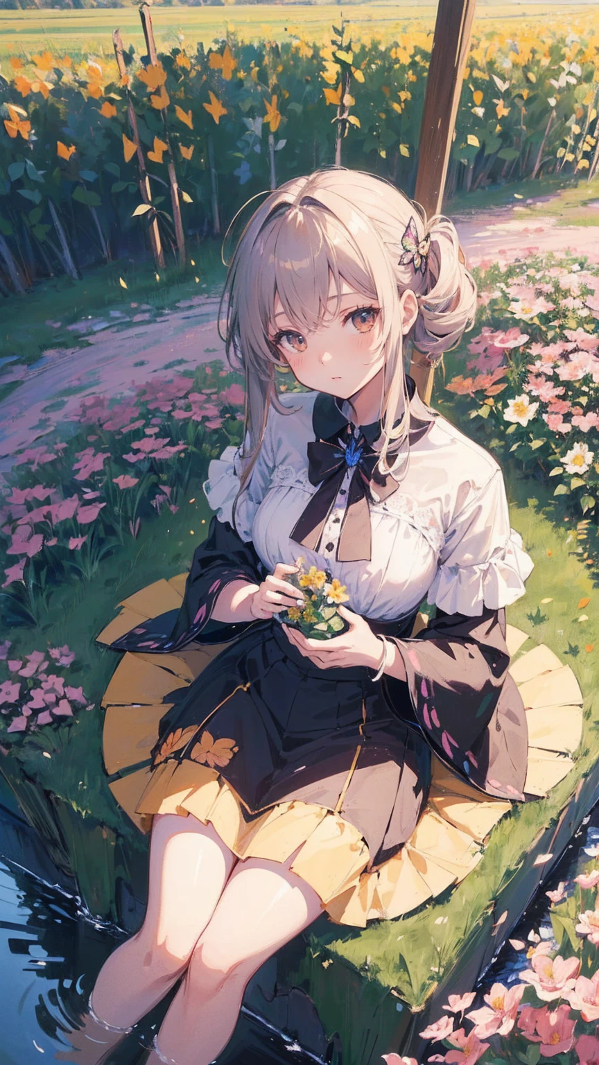 (masterpiece: 1.2), (Very detailed: 1.2), (Very detailed CG: 1.2), (High image quality: 1.2), (最High image quality), 8k, Anime illustration, Girl sitting in a flower field,A butterfly with a slightly sad expression々View、((There&#39;s a butterfly on my finger々))、Butterflies fluttering々dance、Beautiful work
