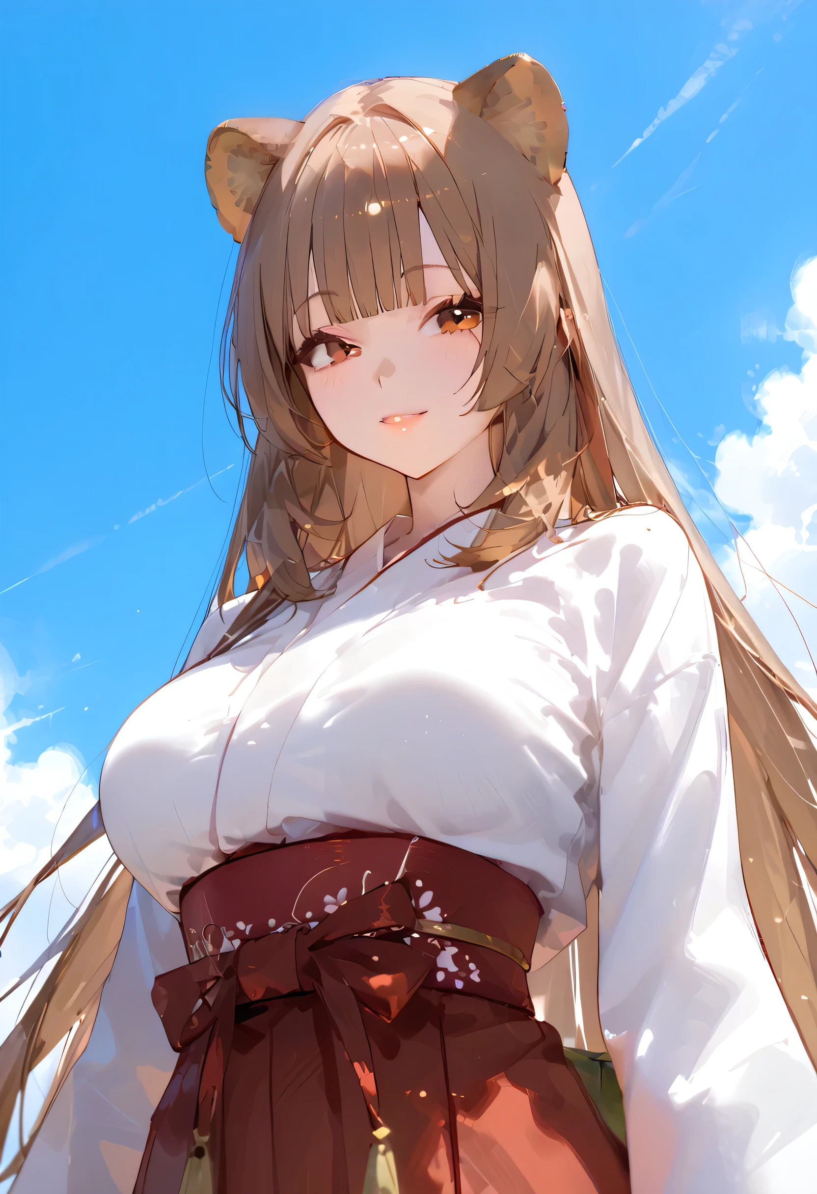 raphtalia,raccoon ears, raccoon tail, red eyes, brown long hair, bangs between eyes, blunt bangs, very long sideburns, miko, white long sleeve, red hakama, medium large breasts, thick outline, upper body, from below, arms behind back, shiny skin,