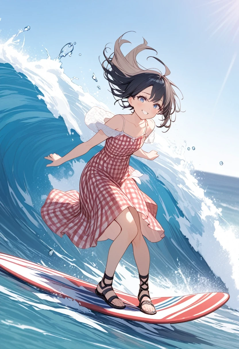 from {above|below|side|behind}, ultra detailed beautiful moe anime, Under the summer sun, there is a girl on the beach. She is wearing a bright swimsuit with a sunflower pattern. The swimsuit shines under the sun, radiating a bright atmosphere around her. She starts running towards the sea, playing with the waves with a smile. It’s as if a single sunflower is blooming on the seashore, pop color, flat color
