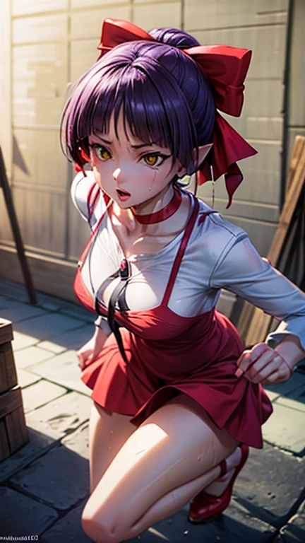 big tips,cross-eyed,busty,nsfw,8k, 最High resolution, High resolution, masterpiece, No background, White Background, dynamic, 1 person, 1 personの女の子, Purple Hair, Yellow Eyes, Red dress, Red hair ribbon, Red High Heels, Pointed Ears, short hair, Red choker, bangs, clavicle, Long sleeve white T-shirt, jewelry, Take off, Pure white panties, Cat Paw Pose, From below, Embarrassed face, Cowboy Shot