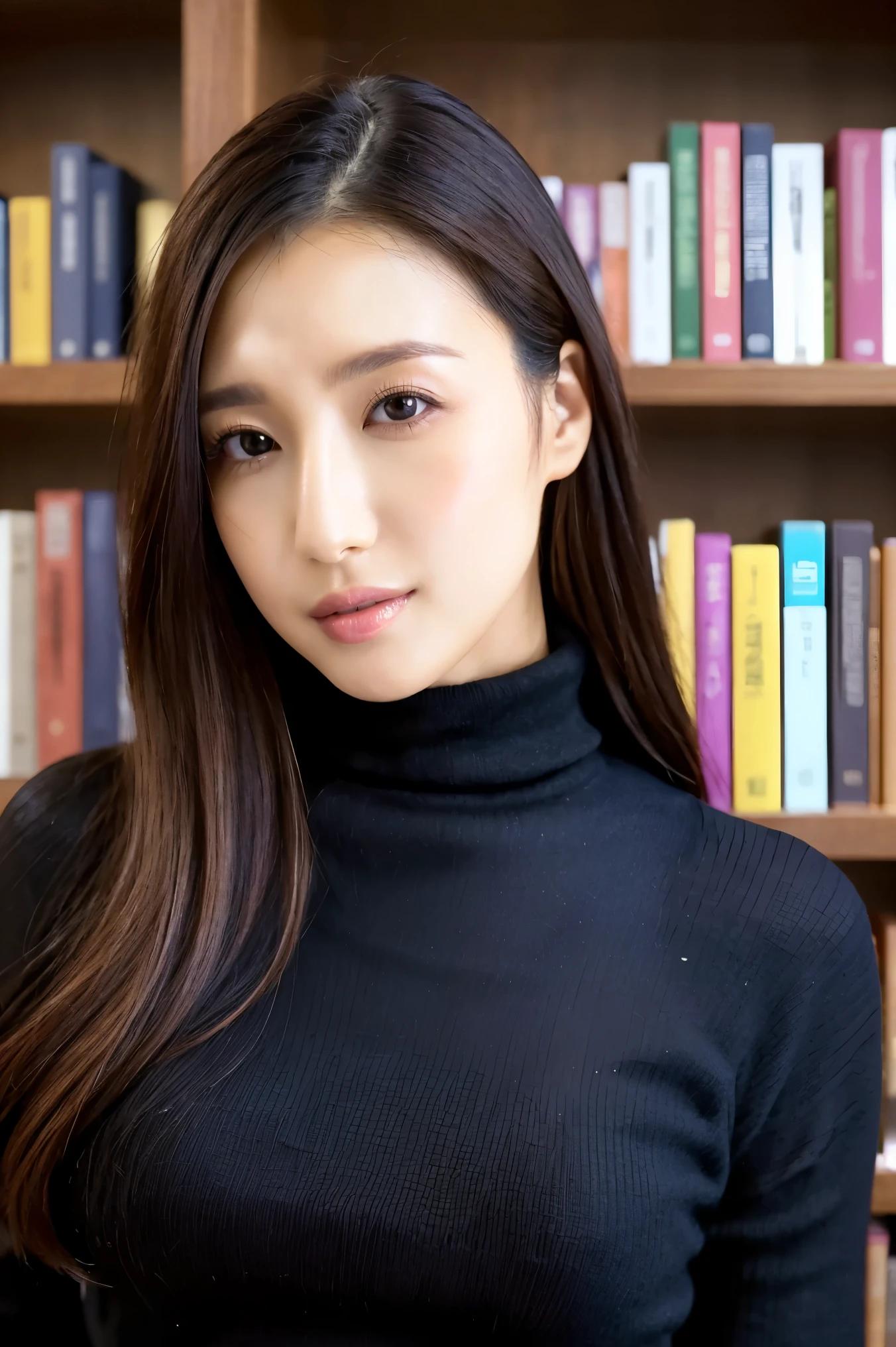 (Best Quality、Tabletop、8k、Award-winning works、Ultra-high resolution、Best Quality)、One beautiful woman、(The perfect black knit turtleneck sweater:1.3)、(Large Breasts:1.2)、library、(Standing Elegantly:1.1)、(Strongly blurred background:1.1)、Stand next to a bookshelf、(Perfectly organized bookshelf:1.1)、Background Bookshelf、A cozy library、lipstick、Long eyelashes、Perfect Makeup、、Soft and warm lighting、Detailed bookshelf、(Ultra-high resolutionの正確な美しい髪:1.1)、(Accurate anatomy:1.2)、Ultra-high definition beautiful eyes、(Super bright and radiant skin:1.1)、(Face close-up:1.1)、(Expressionless:1.2)、Show me your amount、(nose:1.2)、The perfect and most natural brow、Perfect Hairline