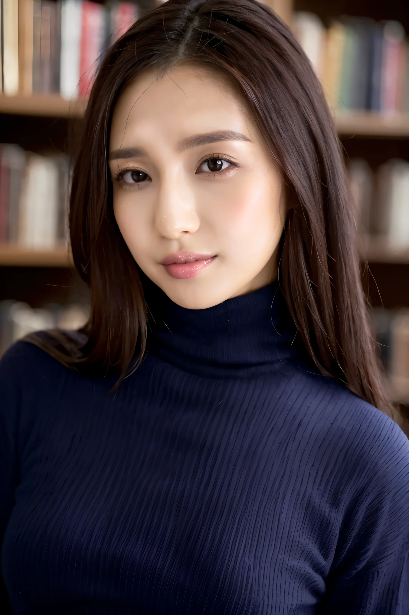 (Best Quality、Tabletop、8k、Award-winning works、Ultra-high resolution、Best Quality)、One beautiful woman、(The perfect dark navy tight knit turtleneck sweater:1.3)、(Large Breasts:1.2)、(Slender:1.1)、library、(Standing Elegantly:1.1)、(Strongly blurred background:1.1)、Stand next to a bookshelf、(Perfectly organized bookshelf:1.1)、Background Bookshelf、A cozy library、lipstick、Long eyelashes、Perfect Makeup、、Soft and warm lighting、Detailed bookshelf、(Ultra-high resolutionの正確な美しい髪:1.1)、(Accurate anatomy:1.2)、Ultra-high definition beautiful eyes、(Super bright and radiant skin:1.1)、(Face close-up:1.1)、(Expressionless:1.2)、Show me your amount、(nose:1.2)、The perfect and most natural brow、Perfect Hairline