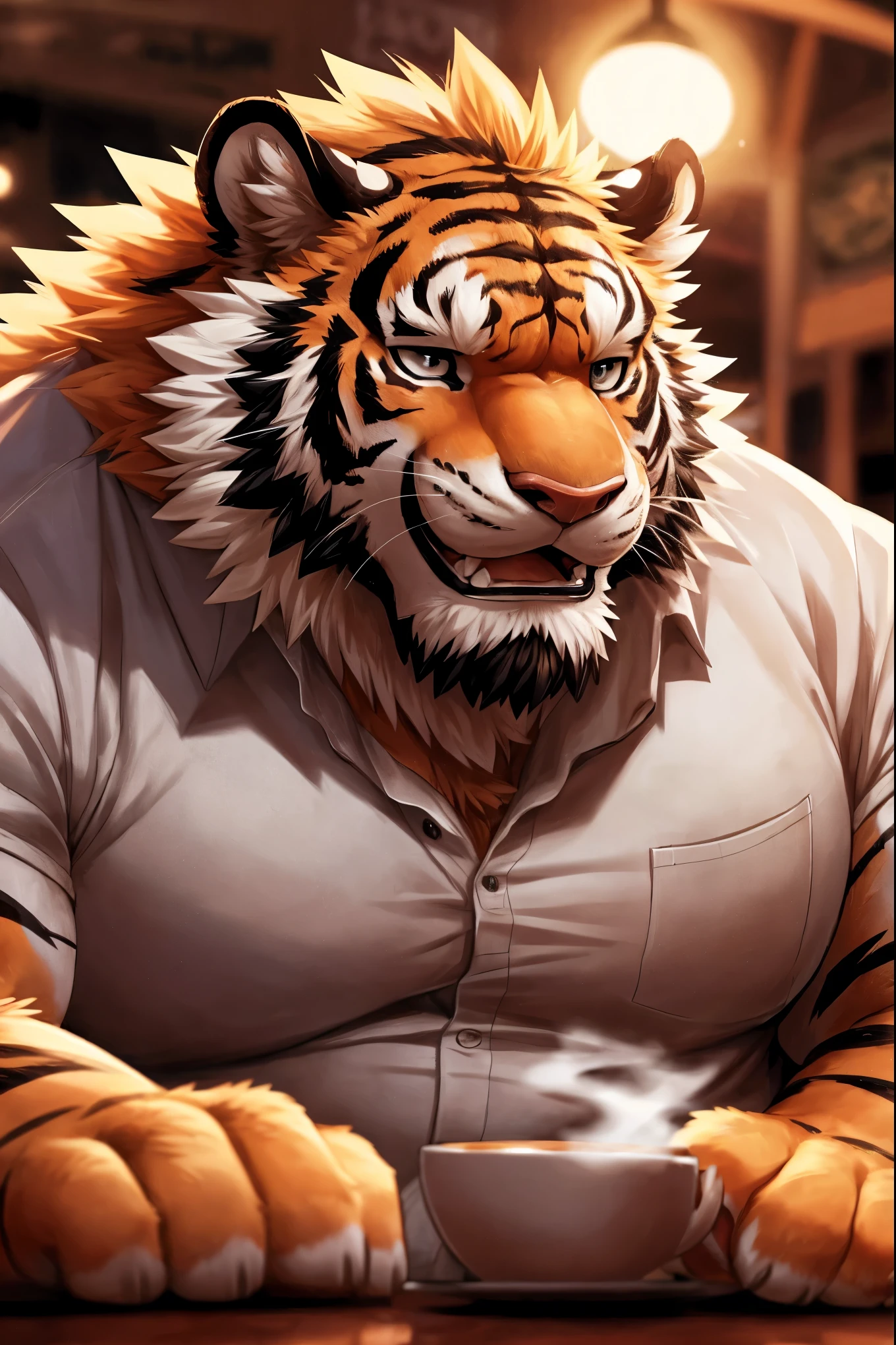 human nature, cannon, male, solitary, ((Round Face, Very plump face, thick beard)), ((endomorph body type, Handsome)), (shirt), ((domestic tiger, tiger) Fluffy fur, Fluffy), (In the countryside), Tourist guide,high quality,Bokeh, (high quality, high resolution, masterpiece), (Dynamic Lighting, Vibrant colors), (Generous smile), (Face focus), Front view (close up), cartoon, by lindong