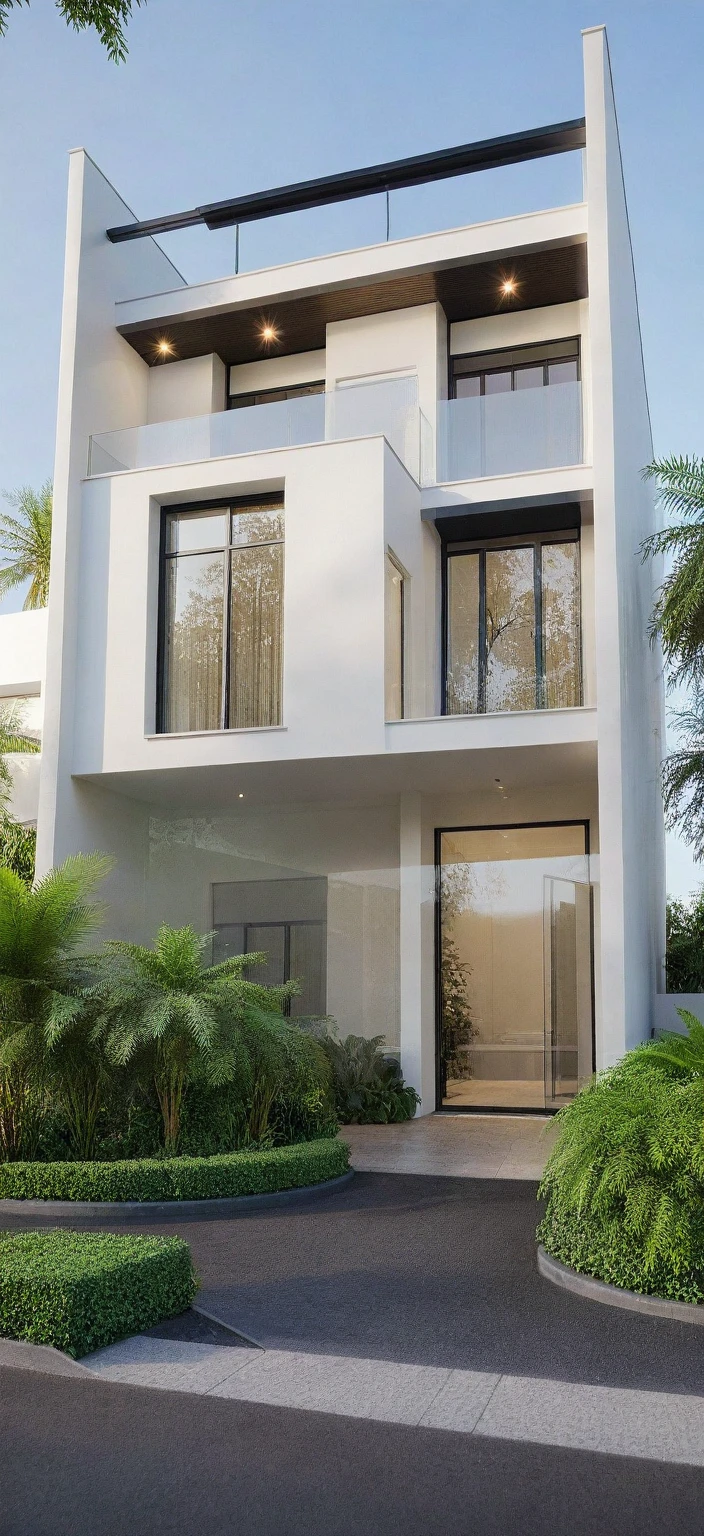 neo classical villa on street, (daylight), tropical tree, vivid colour, streetcapes, white tone, black detail, white wall, large glass door, warm interior lighting, best quality, masterpiece, ultra realistic