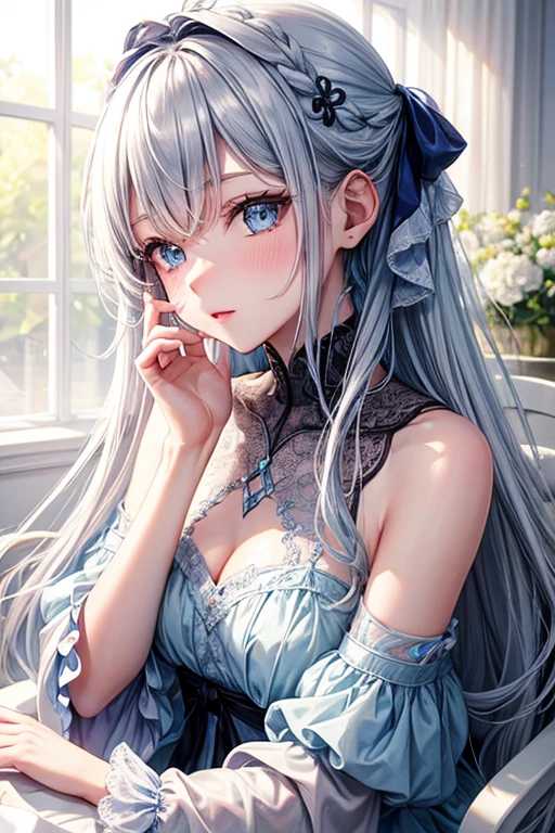 A beautiful woman with long white hair, gorgeous blue eyes, Ultra HD (ultra detail) looking at the viewer wearing a pretty white dress with a neckline, high resolution, soft focus, using magic