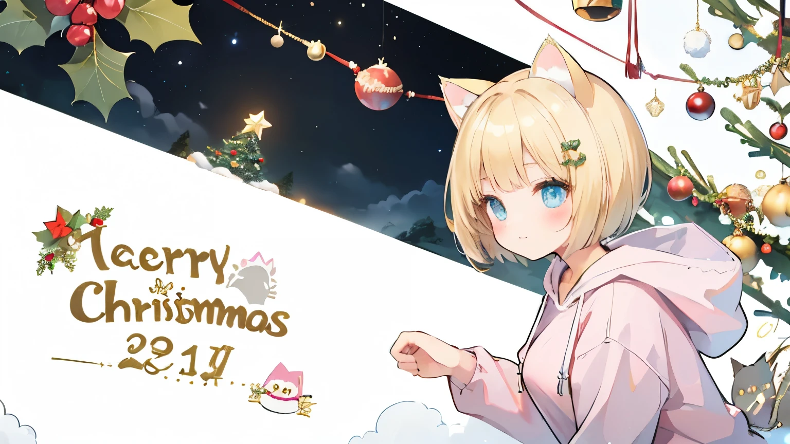  from a distance, (distant view:1.8), (dynamic angle:1.8), dynamic pose, Blonde hair, (Graduation short hair:1.6), a girl in a pink hoodie, Christmas art style, Christmas theme, Christmas celebration, Christmas atmosphere, Christmas scene, Christmas night, detailed art in color, , Christmas wallpaper with reindeer, large view, kawacy, holy night, maplestory, short hair, bright blue eyes, big white hair ornament, (Blonde cat ears:1.6), pink hoodie, denim shorts, black sneakers,