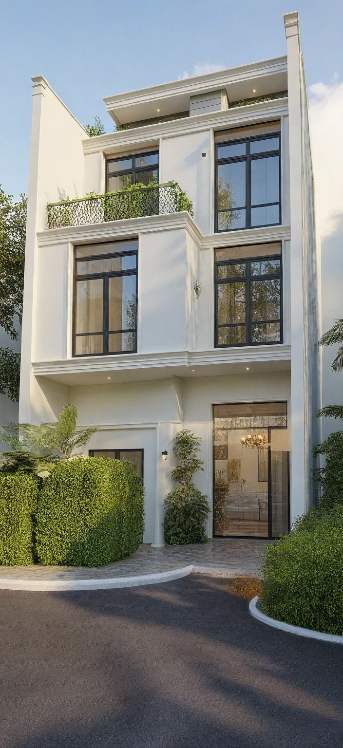 neo classical villa on street, (daylight), tropical tree, vivid colour, streetcapes, white tone, black detail, white wall, large glass door, warm interior lighting, best quality, masterpiece, ultra realistic