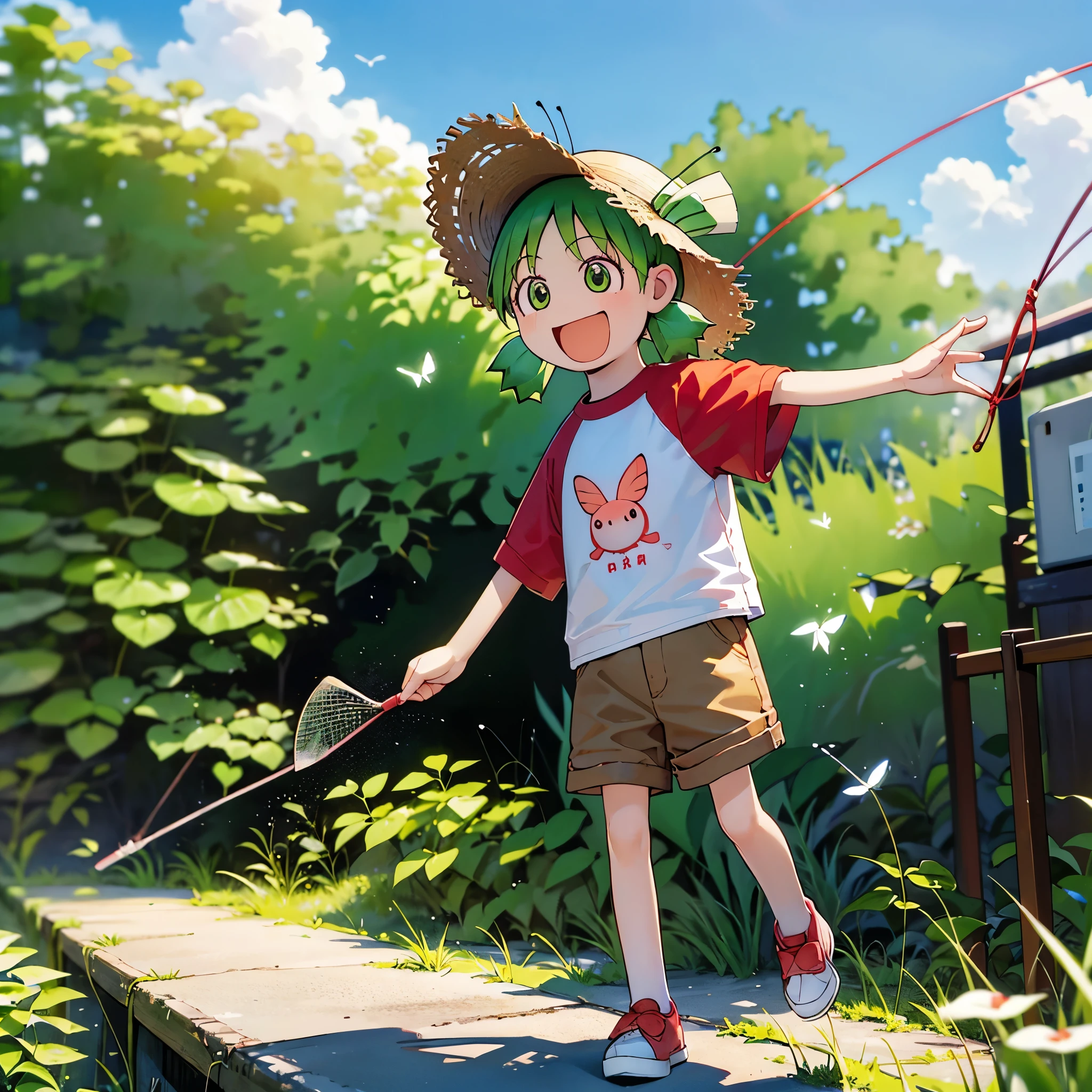 High resolution, One girl, alone,、small、Shortcuts、Green Hair、Manga style、Fourth&!、Primary school students、Has a bug net、Wearing a straw hat、Cute smile、T-Shirts、Shorts、Red Shoes、holding a large butterfly net in one hand、