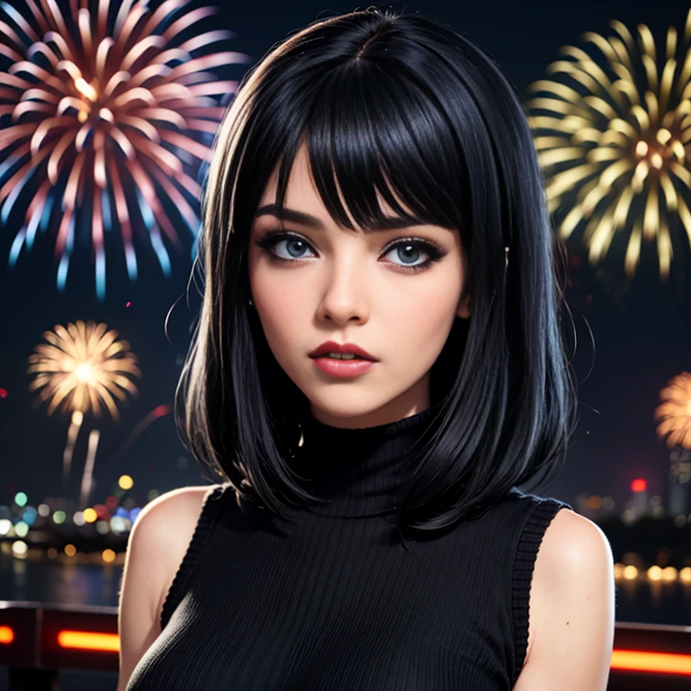 anime girl with long black hair and blue eyes staring at the camera, she has black hair with bangs, 1 7 - year -  goth, with black hair, black hair and blue eyes, woman wearing a black turtle neck sweater, pouty lips, raven black hair, beautiful anime, black hime cut hair, In front of a fireworks, big fireworks fireworks, 