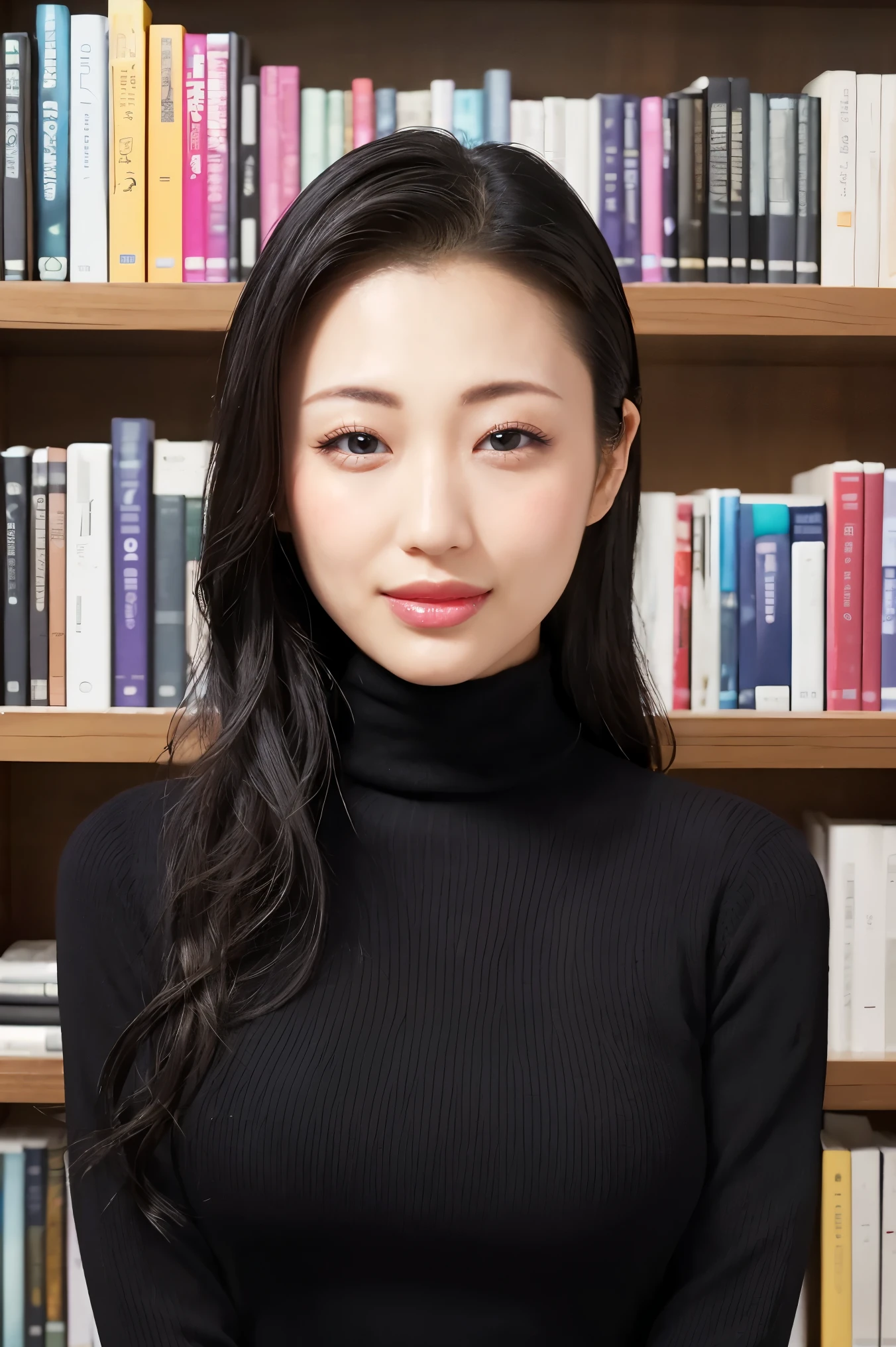 (Best Quality、Tabletop、8k、Award-winning works、Ultra-high resolution、Best Quality)、One beautiful woman、(The perfect black tight knit turtleneck sweater:1.3)、(Large Breasts:1.2)、(Slender:1.1)、library、(Standing Elegantly:1.1)、(Strongly blurred background:1.1)、Stand next to a bookshelf、(Perfectly organized bookshelf:1.1)、Background Bookshelf、A cozy library、lipstick、Long eyelashes、Perfect Makeup、Soft and warm lighting、Detailed bookshelf、(Ultra-high resolutionの正確な美しい髪:1.1)、(Accurate anatomy:1.2)、Ultra-high definition beautiful eyes、(Super bright and radiant skin:1.1)、(Face close-up:1.1)、(Expressionless:1.2)、The perfect and most natural forehead、Perfect Hairline