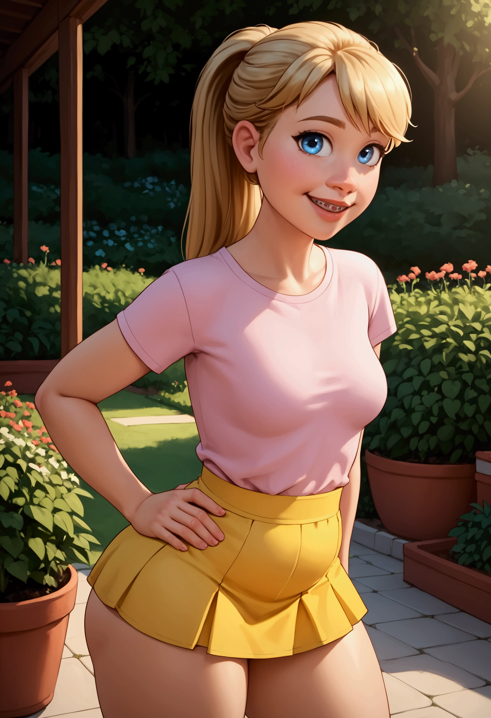 A stunning, intricate full-color portrait in Ultra-HD, detailed face, sexy lips, , young girilbait, long hair and making a blonde ponytail, blue eyes, Wearing pink t-shirt, croptop,  sharp focus, natural lighting, Subsoil Dispersion, F2, 35mm, will be standing, posing sensually, large butt, very sexy, huge butt, with chubby legs and wide hips, thick thighs, very narrow waist, in a garden, smiling and with braces, bent over, medium breasts, big ass, She will be wearing a very small wide yellow skirt that her underwear will be visible,