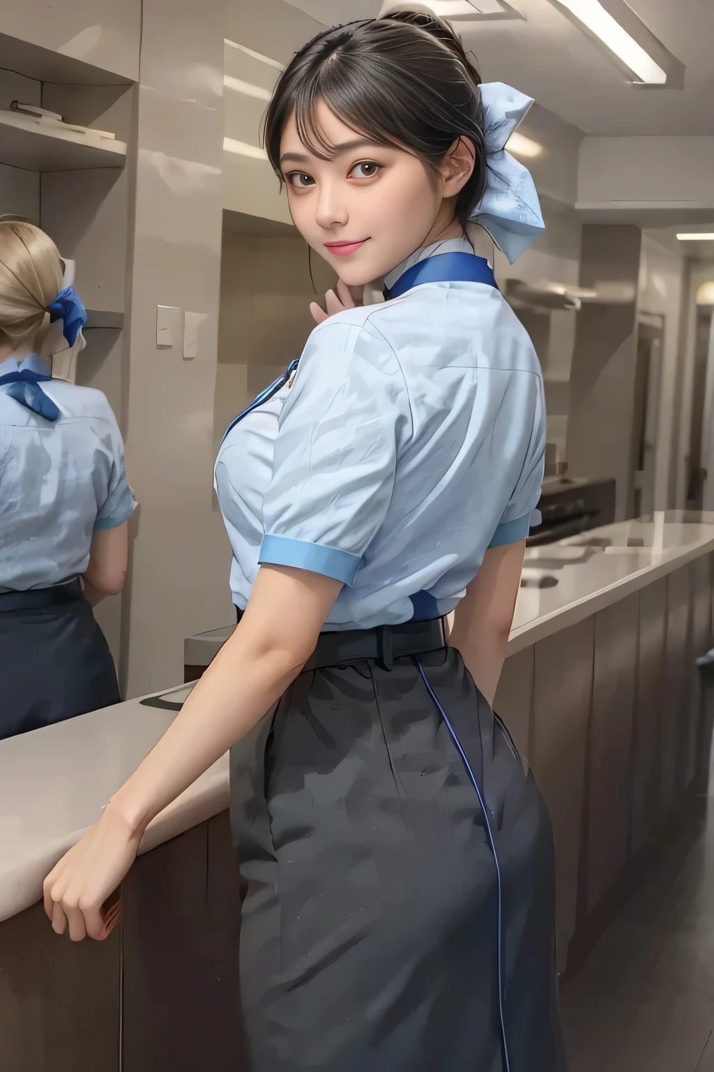 (masterpiece:1.2, Best Quality:1.2), 32K HDR, High resolution, (Alone、1 girl)、（On the roof of a building during the day、Professional Lighting）、Building rooftop background、（ANA stewardes uniform blueを着たリアルスタイル）、（（ANA stewardes uniform blue short sleeve blouse 、 ANA stewardes uniform blue skirt with blue line on the back、Scarf around the neck））、Dark brown hair、（Long Hair、Hair tied up、Hair tied up）、Dark brown hair、Long Shot、Big Breasts、Thin legs、（（Great hands：2.0）），（（Harmonious body proportions：1.5）），（（Normal limbs：2.0）），（（Normal finger：2.0）），（（Delicate eyes：2.0）），（（Normal eyes：2.0））)、smile、（A beautiful back view showing the ANA stewardes uniform blue）、Hands down
